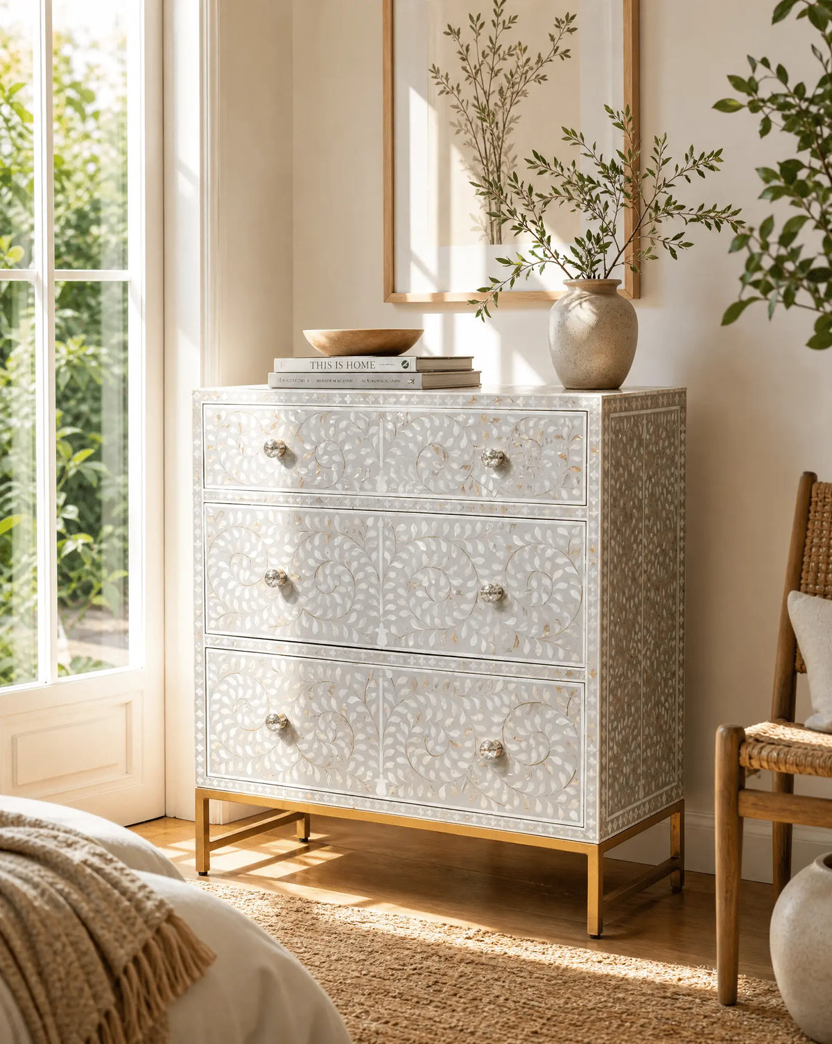 Floral Grey Mother Of Pearl Three Drawer Chest Of Drawer - Art and craft furniture