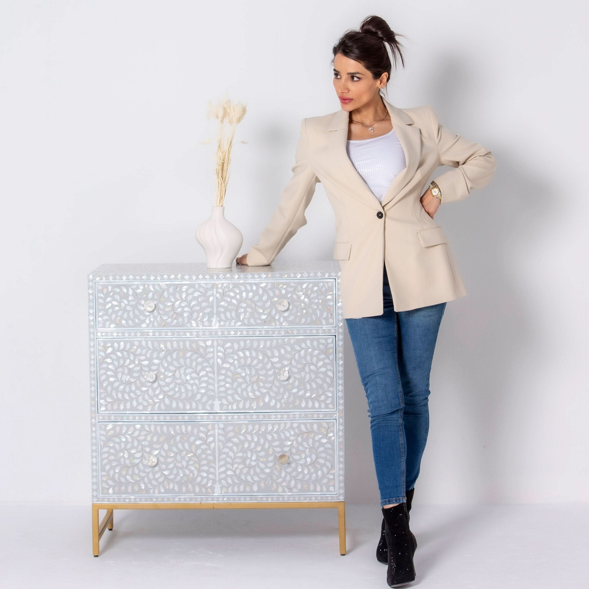 FLORAL-GREY MOTHER OF PEARL THREE DRAWER CHEST OF DRAWER - Art and craft furniture