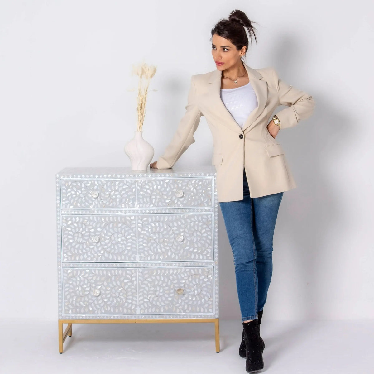 Floral Grey Mother Of Pearl Three Drawer Chest Of Drawer - Art and craft furniture