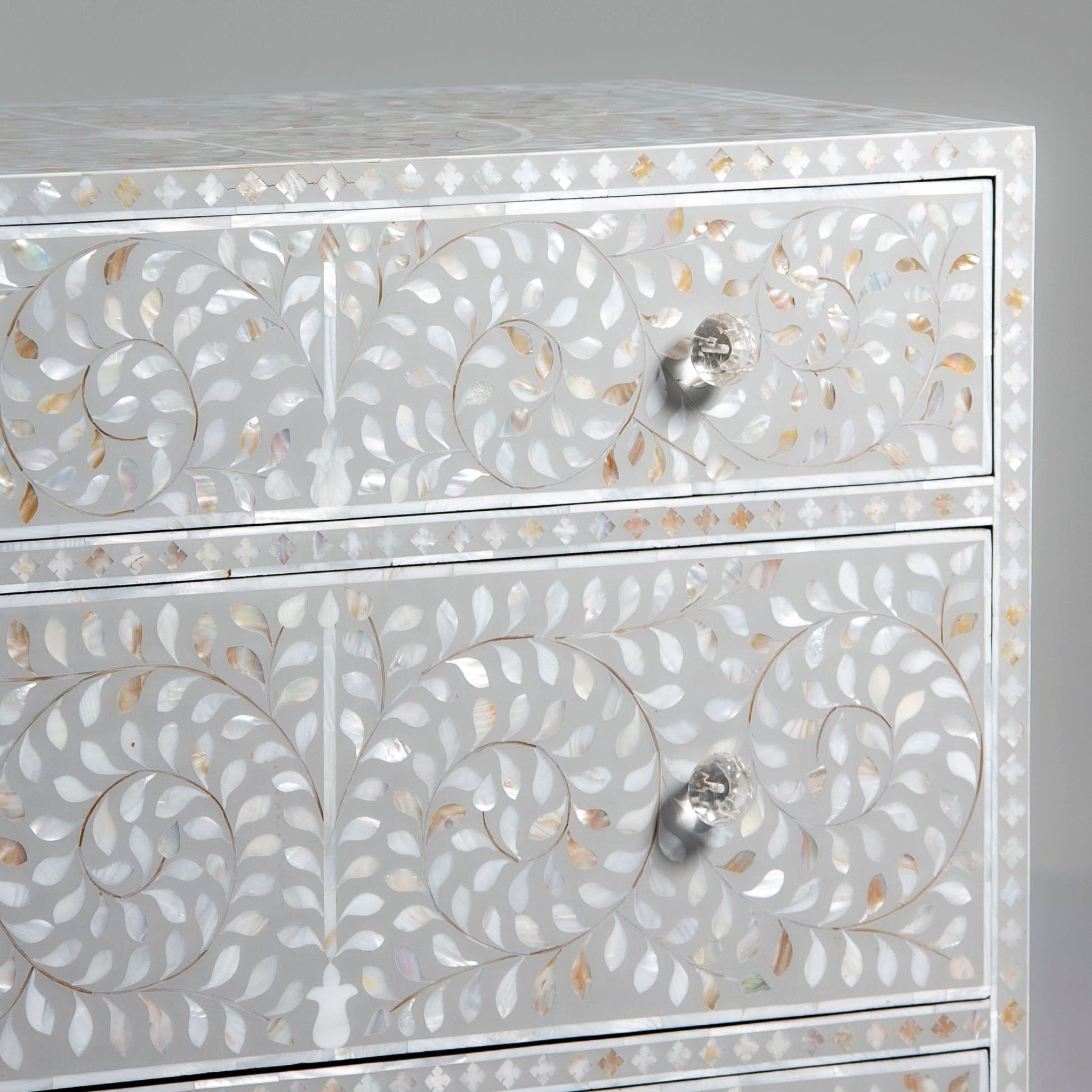 FLORAL-GREY MOTHER OF PEARL THREE DRAWER CHEST OF DRAWER - Art and craft furniture