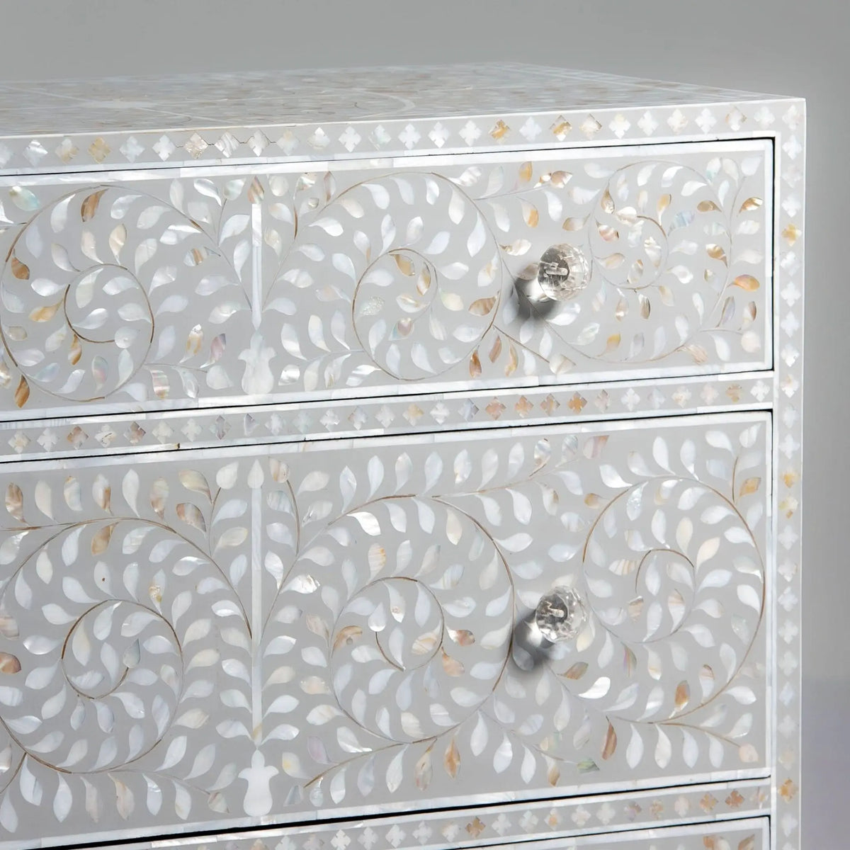 Floral Grey Mother Of Pearl Three Drawer Chest Of Drawer - Art and craft furniture
