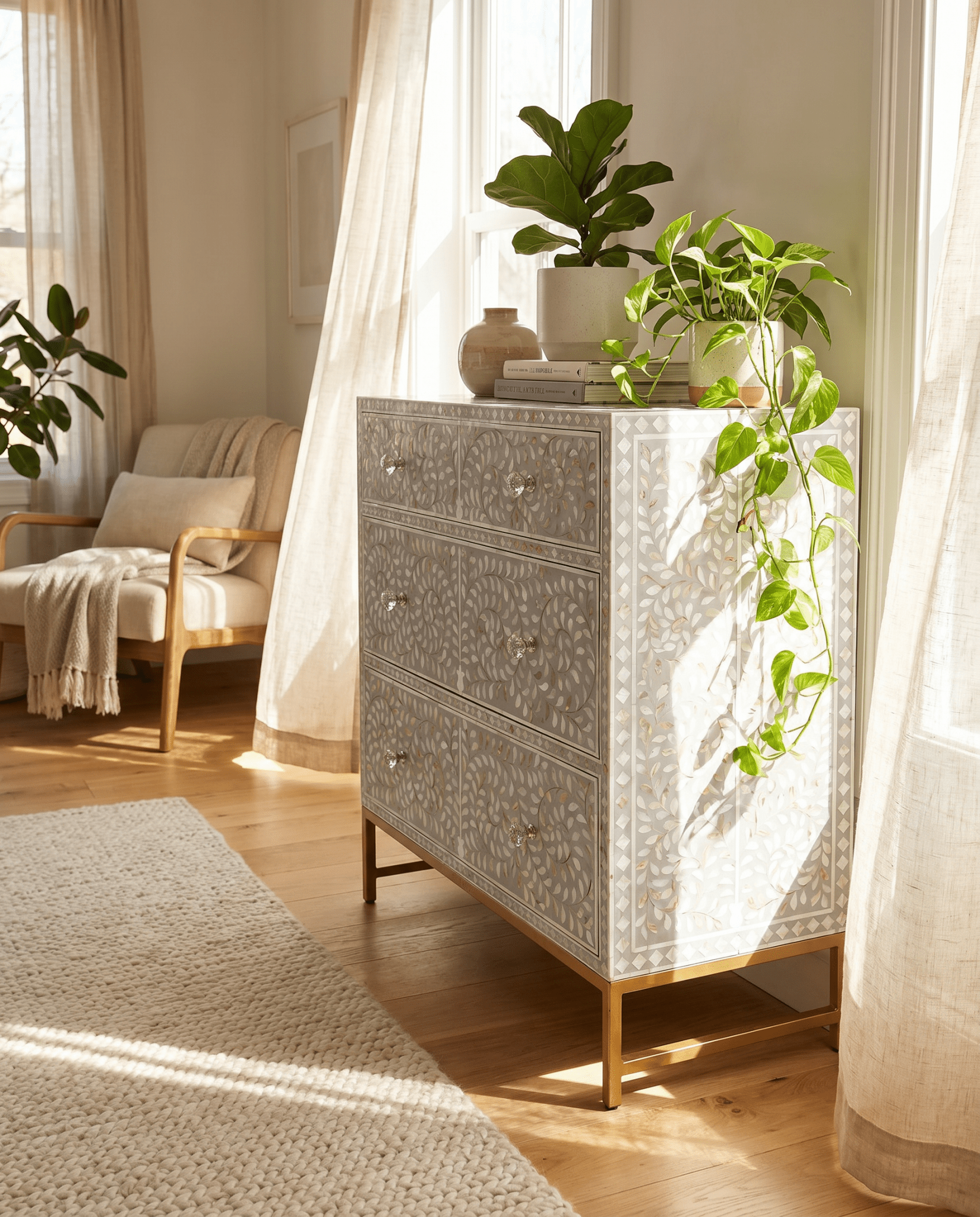 FLORAL-GREY MOTHER OF PEARL THREE DRAWER CHEST OF DRAWER - Art and craft furniture
