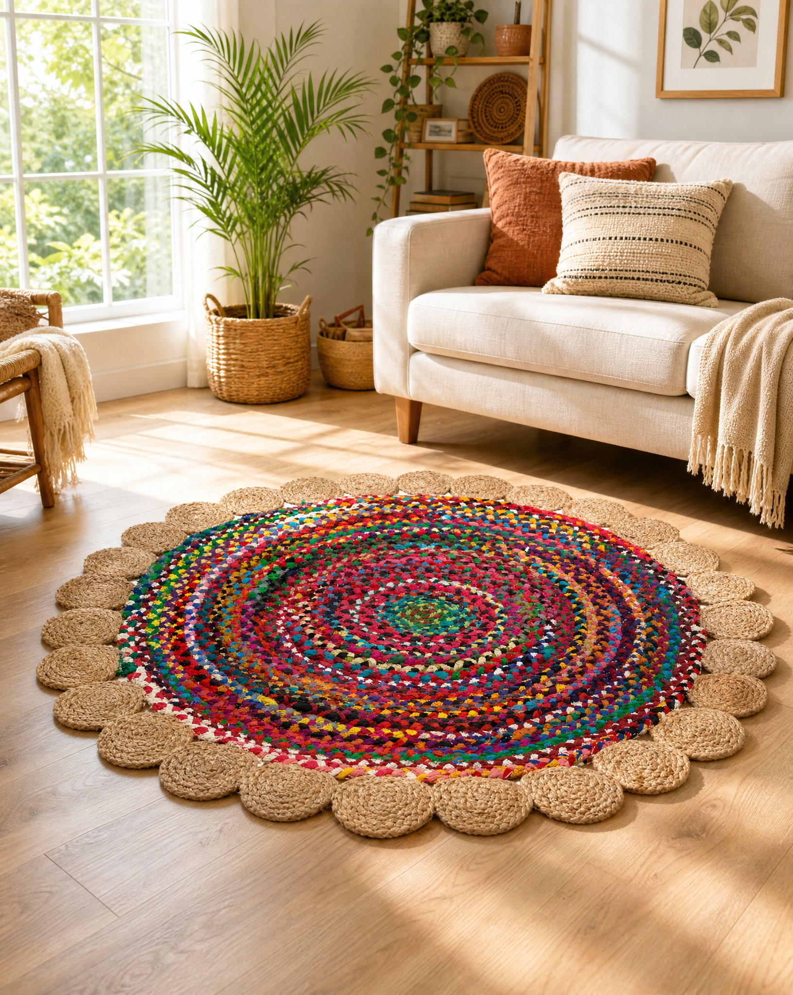 FLORAL NATURAL JUTE WITH CHINDI HANDMADE RUG - Art and craft furniture
