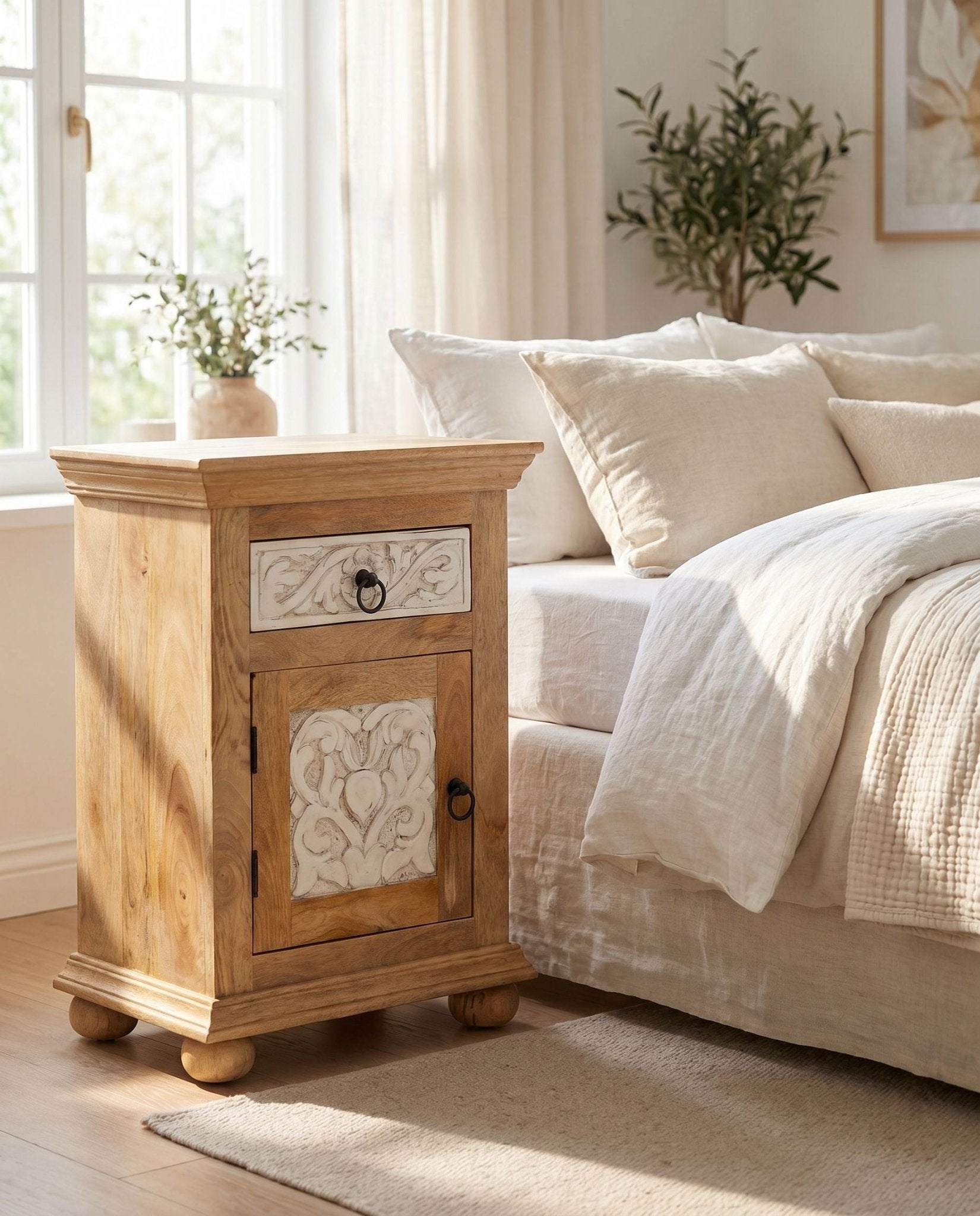 Flower Carved Mango Wood Bedside Table - Art and craft furniture