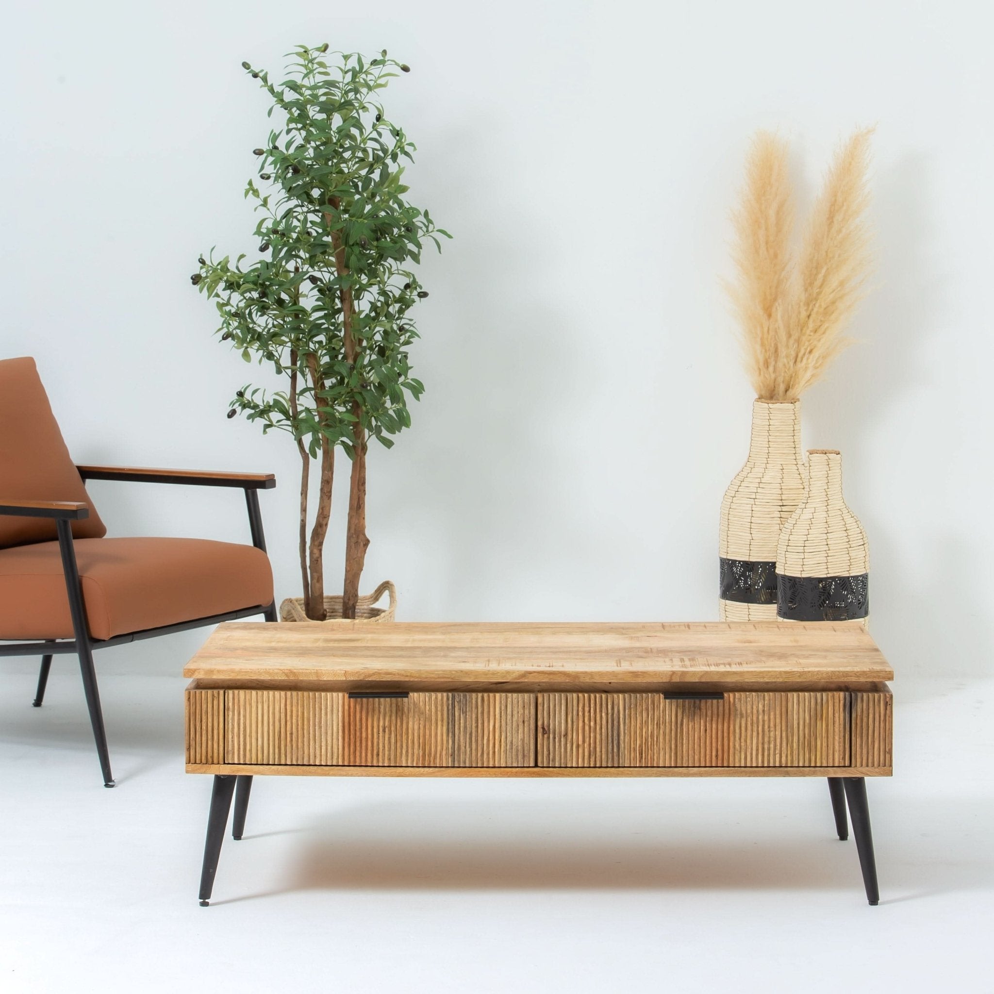FLUTELINE WOODEN TWO DRAWER COFFEE TABLE - Art and craft furniture