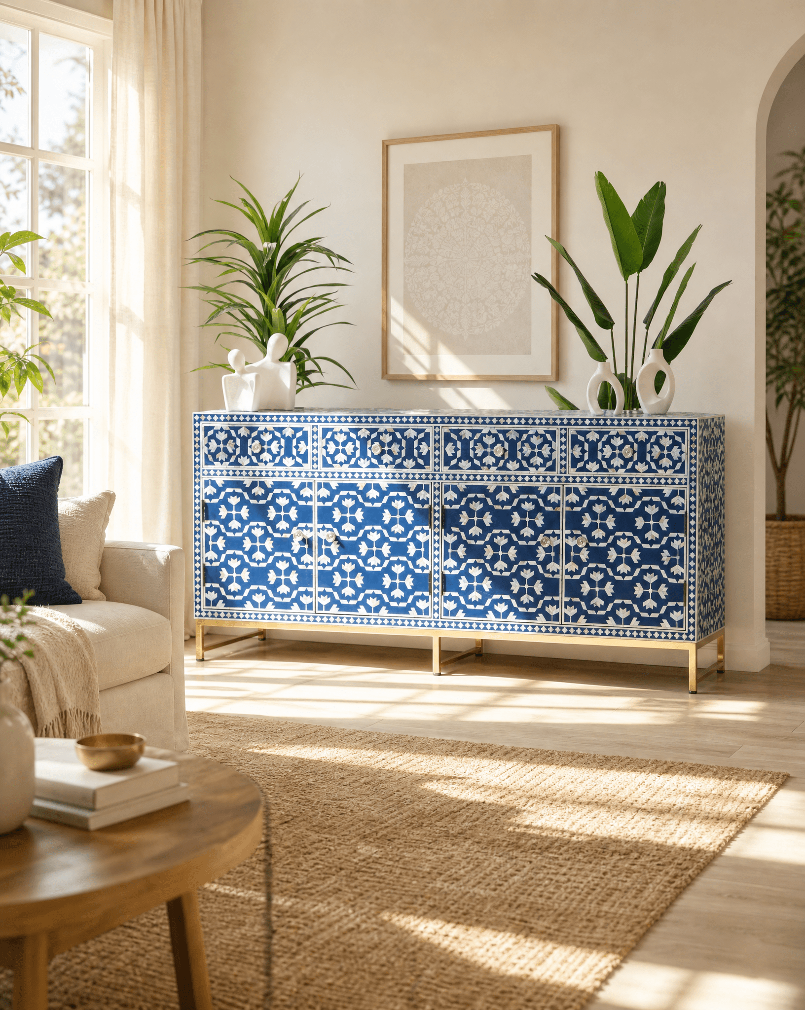 GEOMETRIC-BLUE MOTHER OF PEARL FOUR DRAWER DOOR SIDEBOARD - Art and craft furniture