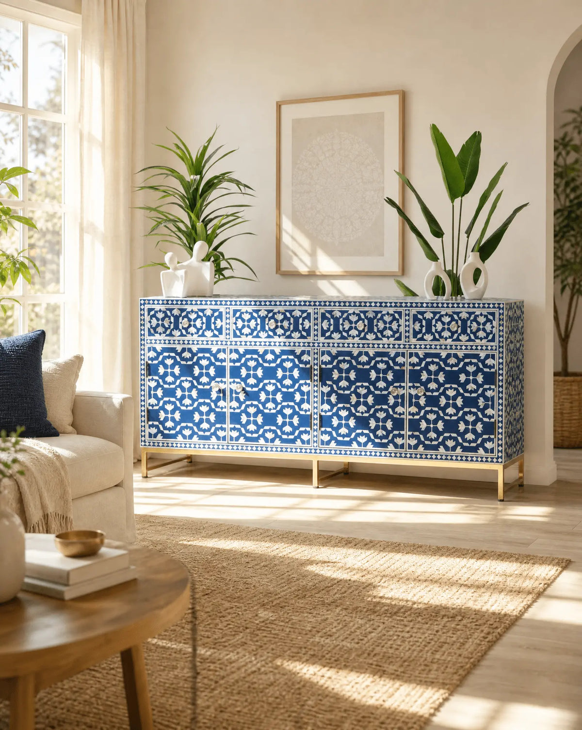 Geometric Blue Mother Of Pearl Four Door Sideboard - Art and craft furniture