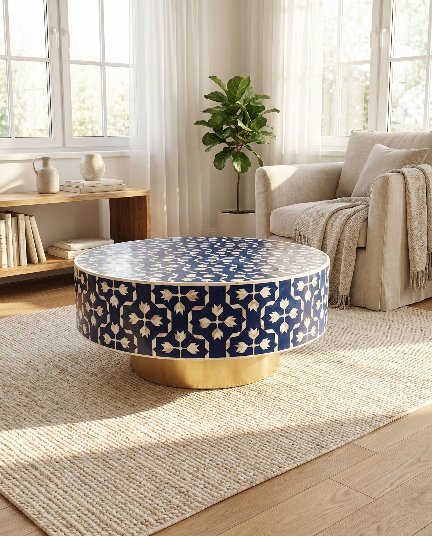 GEOMETRIC BLUE MOTHER OF PEARL ROUND COFFEE TABLE - Art and craft furniture