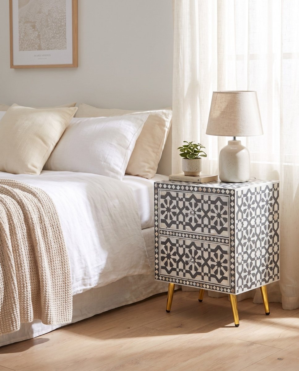 Geometric Grey Mother of Pearl Two Drawer Bedside - Art and craft furniture
