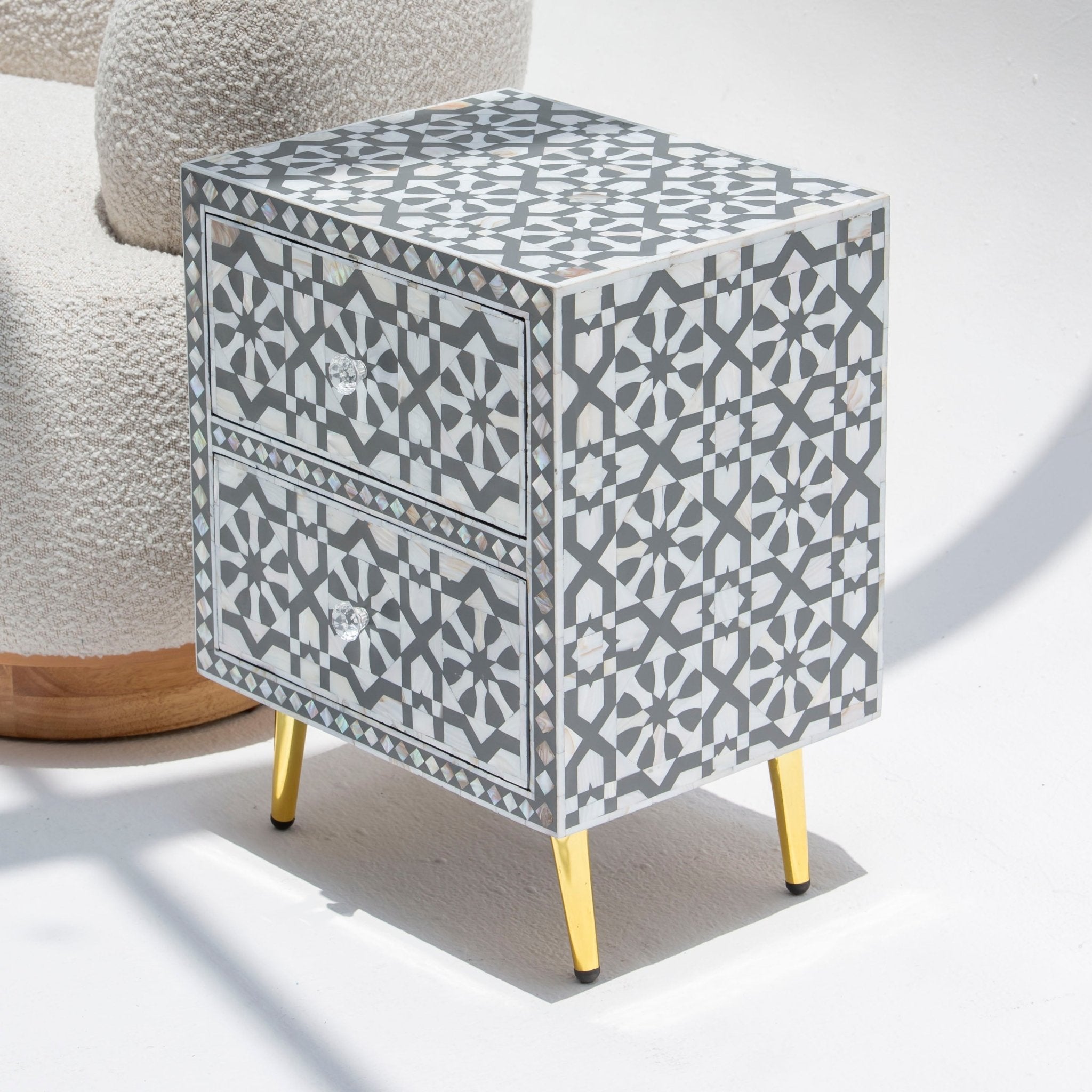 GEOMETRIC-GREY TWO DRAWER BEDSIDE TABLE - Art and craft furniture