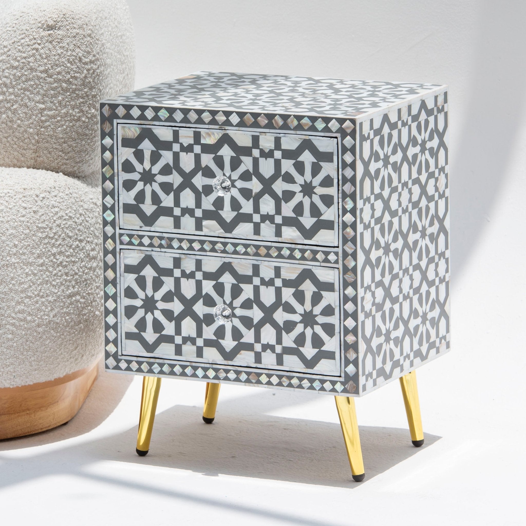 GEOMETRIC-GREY TWO DRAWER BEDSIDE TABLE - Art and craft furniture