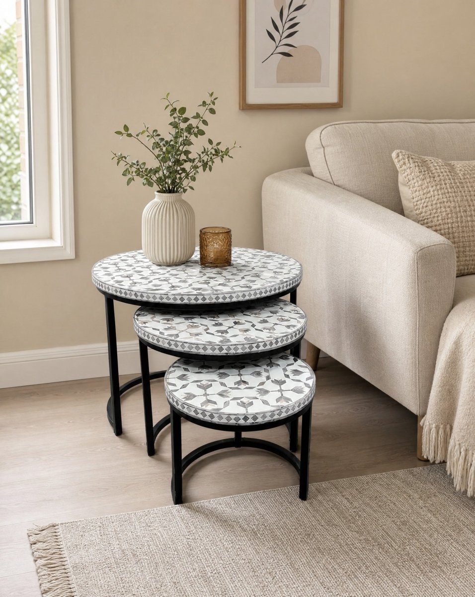 Geometric Light Grey Inlay Nesting Table - Art and craft furniture