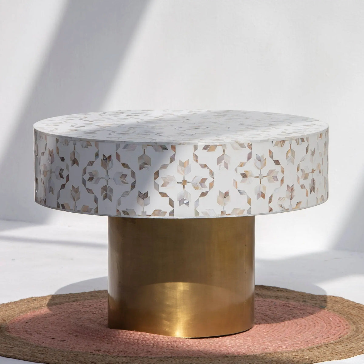 Geometric White Mother Of Pearl Round Coffee Table - Art and craft furniture