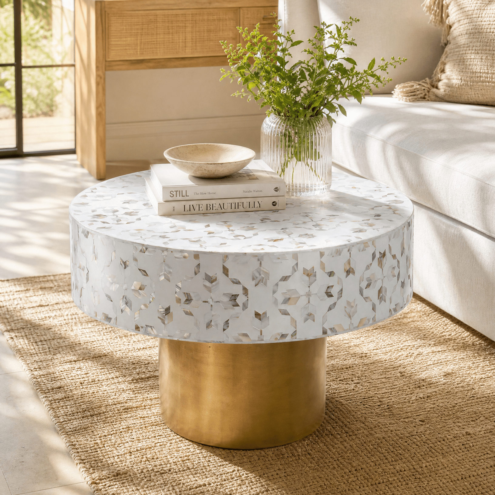 GEOMETRIC WHITE MOTHER OF PEARL ROUND COFFEE TABLE - Art and craft furniture
