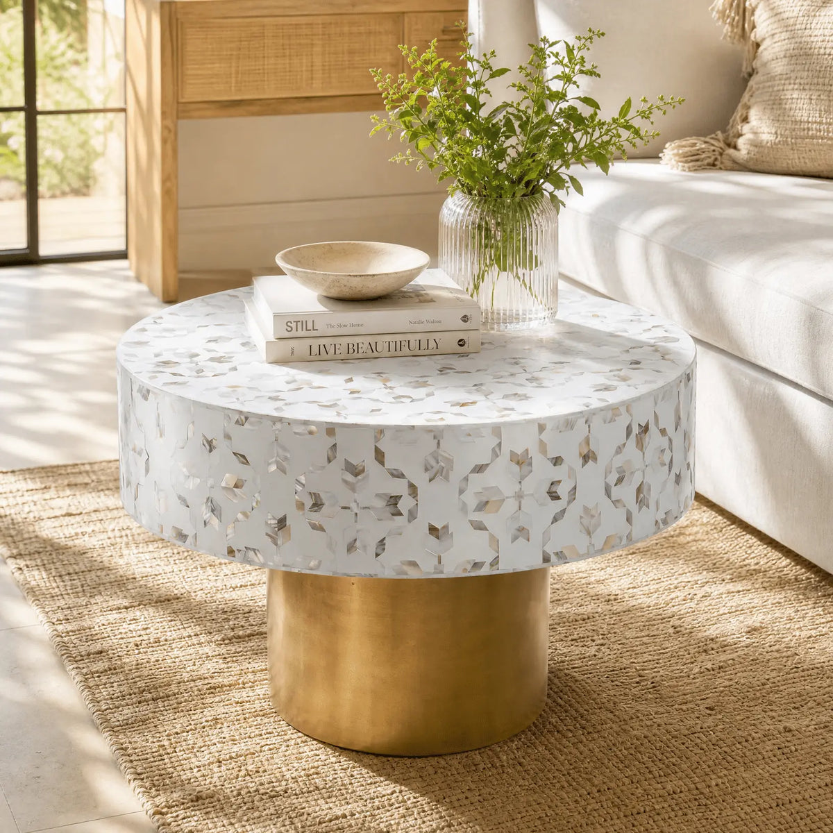Geometric White Mother Of Pearl Round Coffee Table - Art and craft furniture