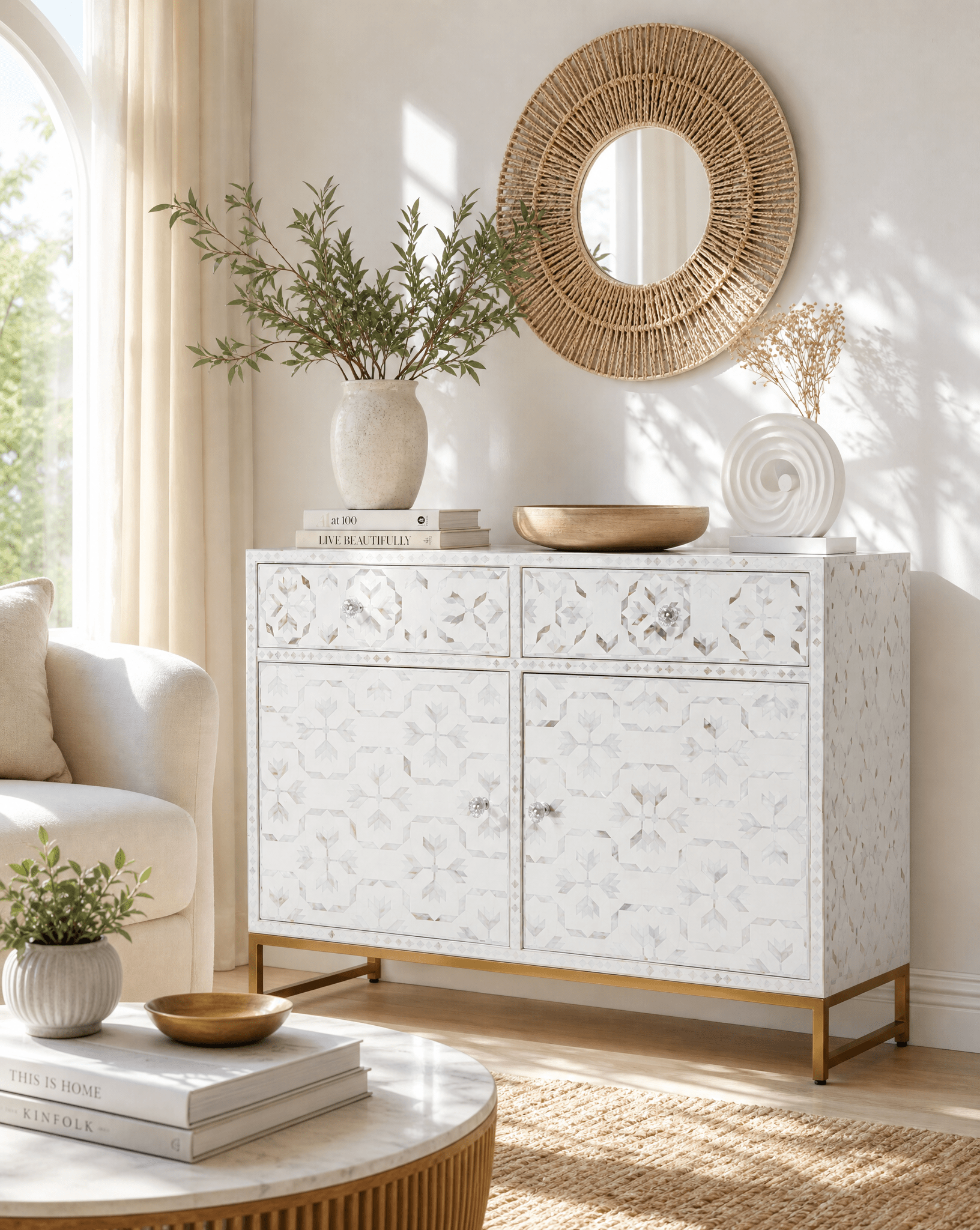 GEOMETRIC WHITE MOTHER OF PEARL SIDEBOARD - Art and craft furniture
