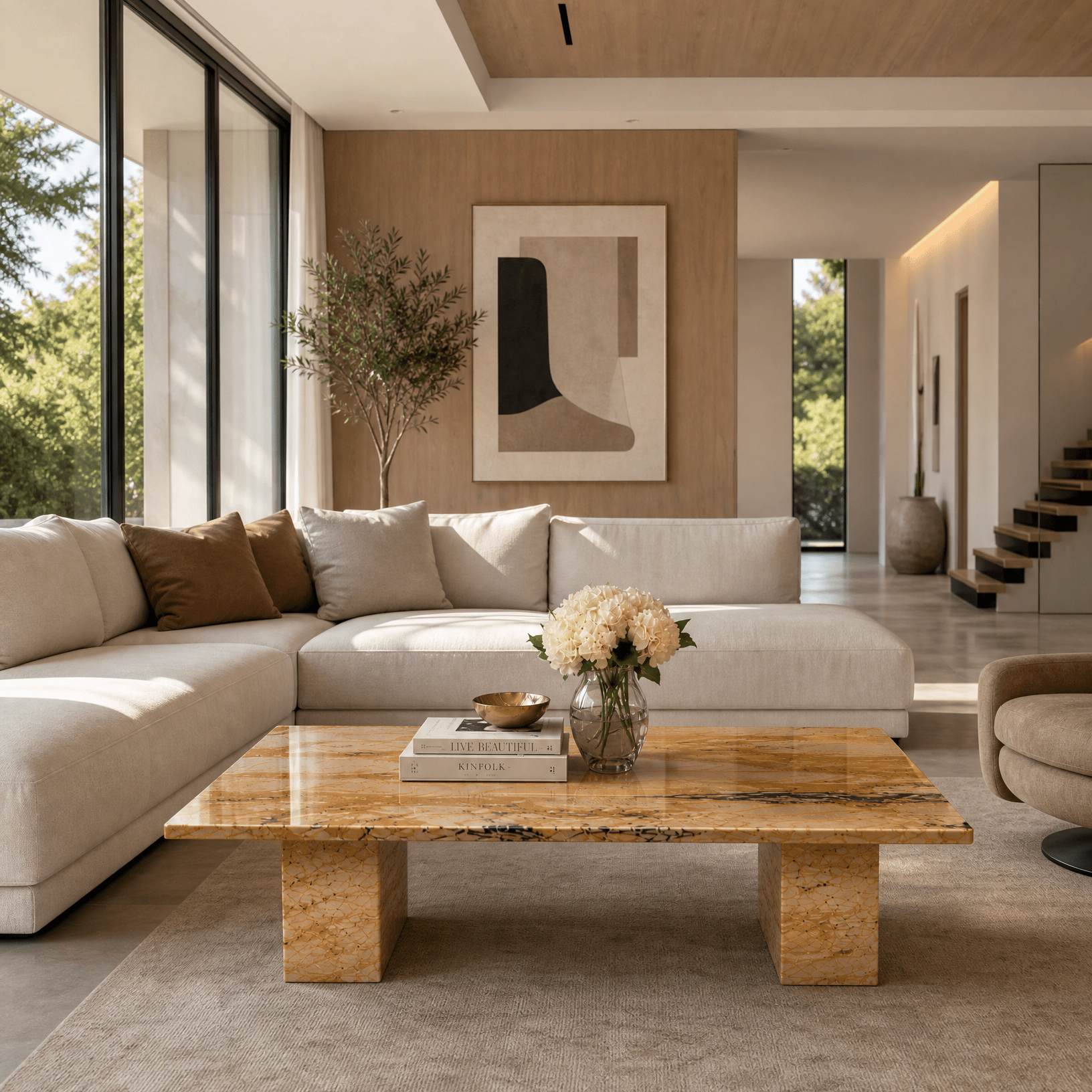 Giallo Siena Polished Marble Coffee Table - Art and craft furniture