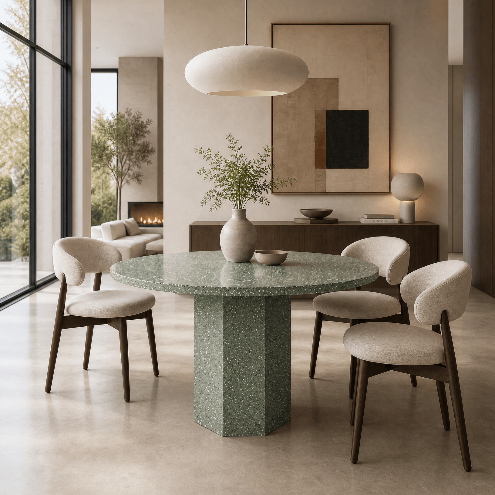 Green Quartz Round Dining Table – Polished | Hexagonal Base - Art and craft furniture