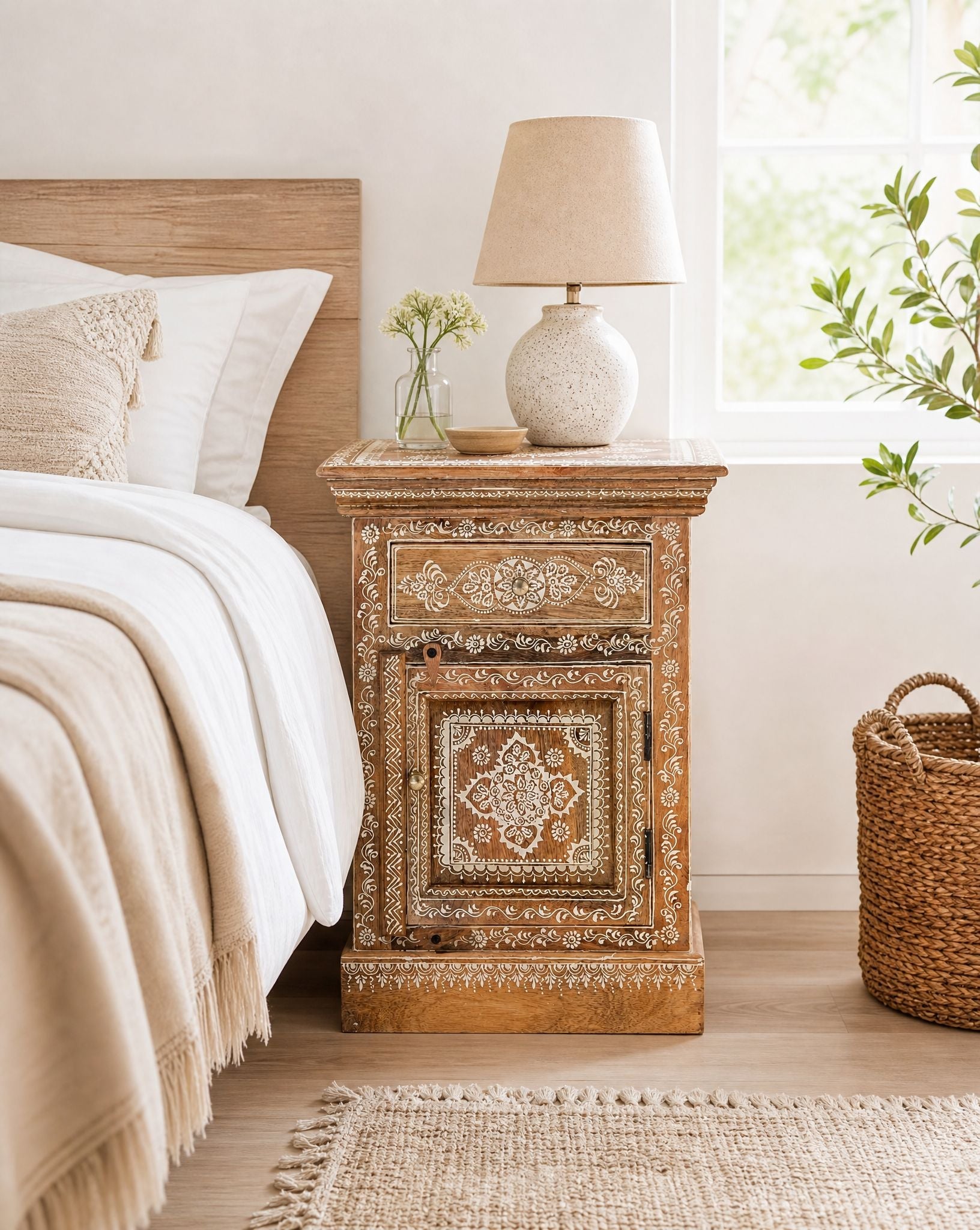 Hand painted Mango Wood Bed Side table - Art and craft furniture