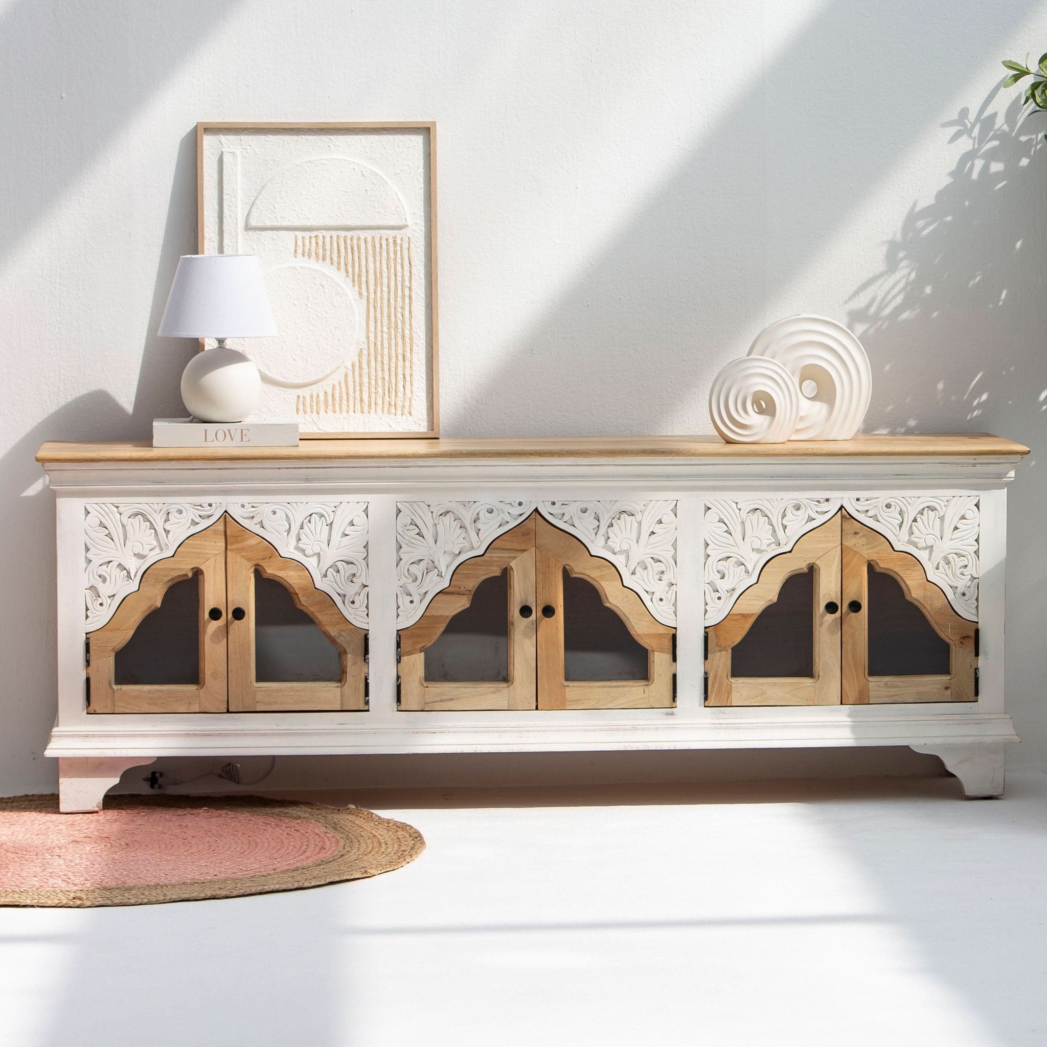 HAVELI WOODEN GLASS CARVING TV STAND - Art and craft furniture