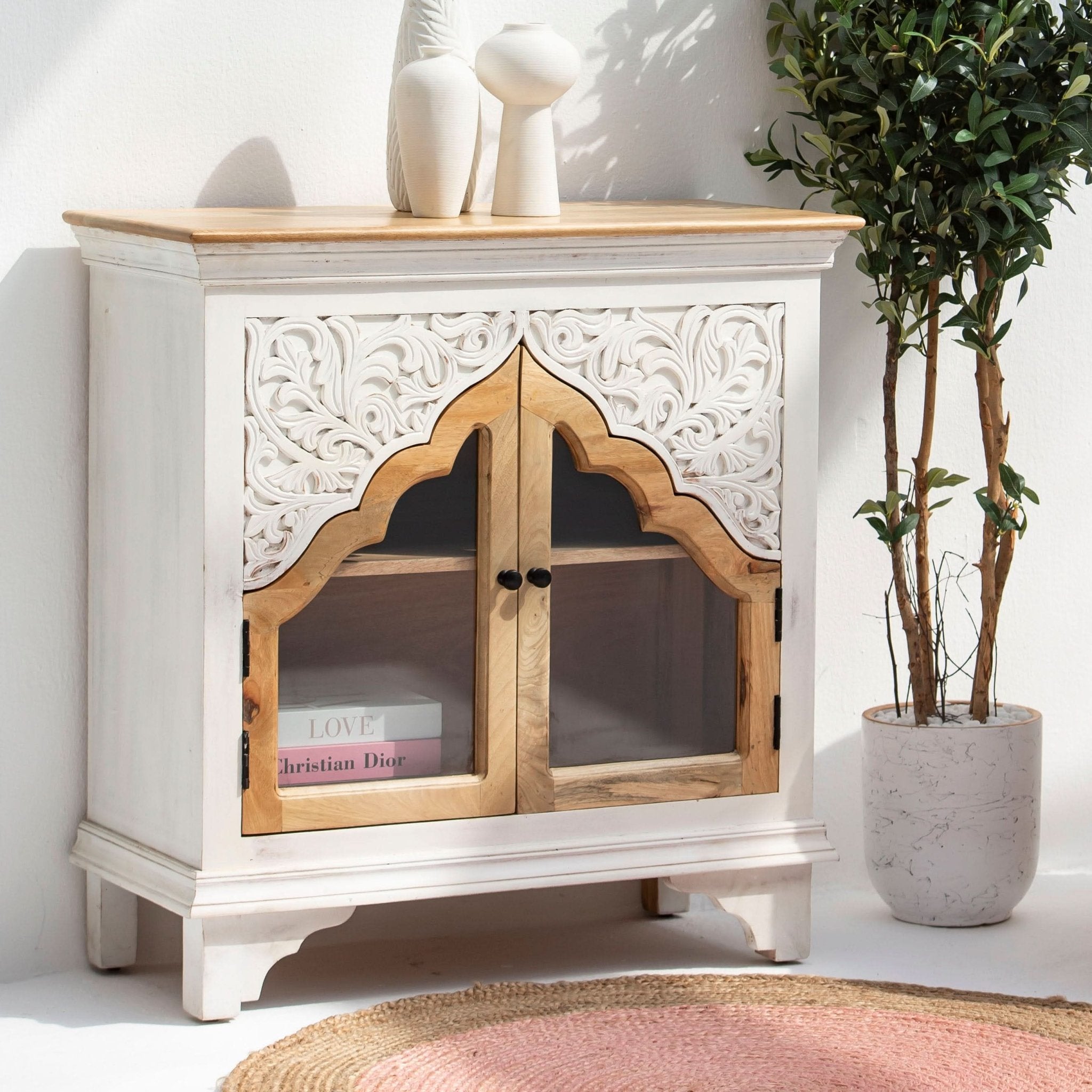 HAVELI WOODEN TWO GLASS DOOR CARVING SIDEBOARD - Art and craft furniture