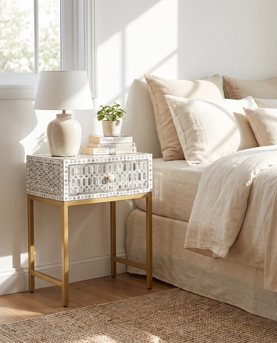 Inlay Light Grey Bedside Table - Art and craft furniture