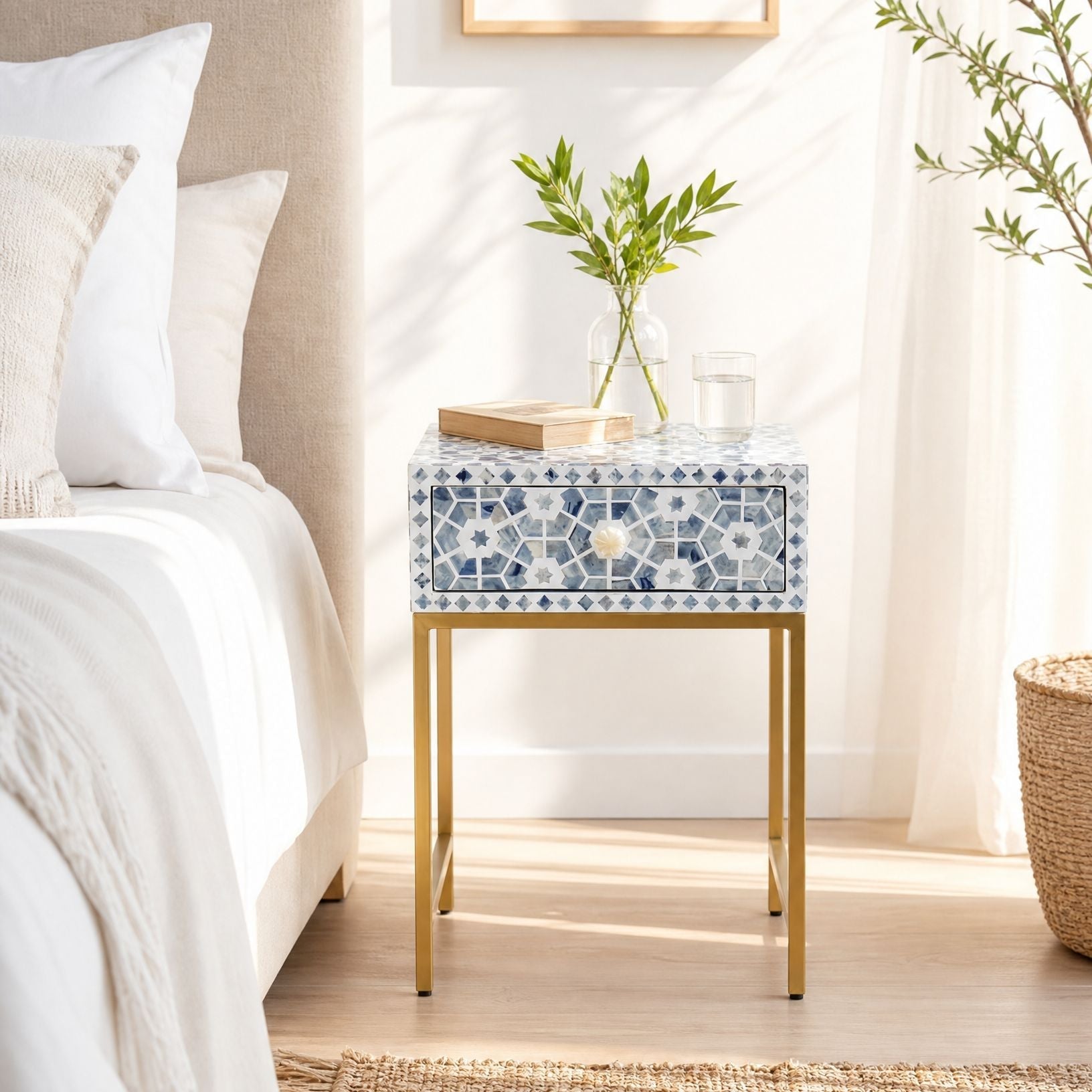 Inlay Sky Blue Nightstand - Art and craft furniture