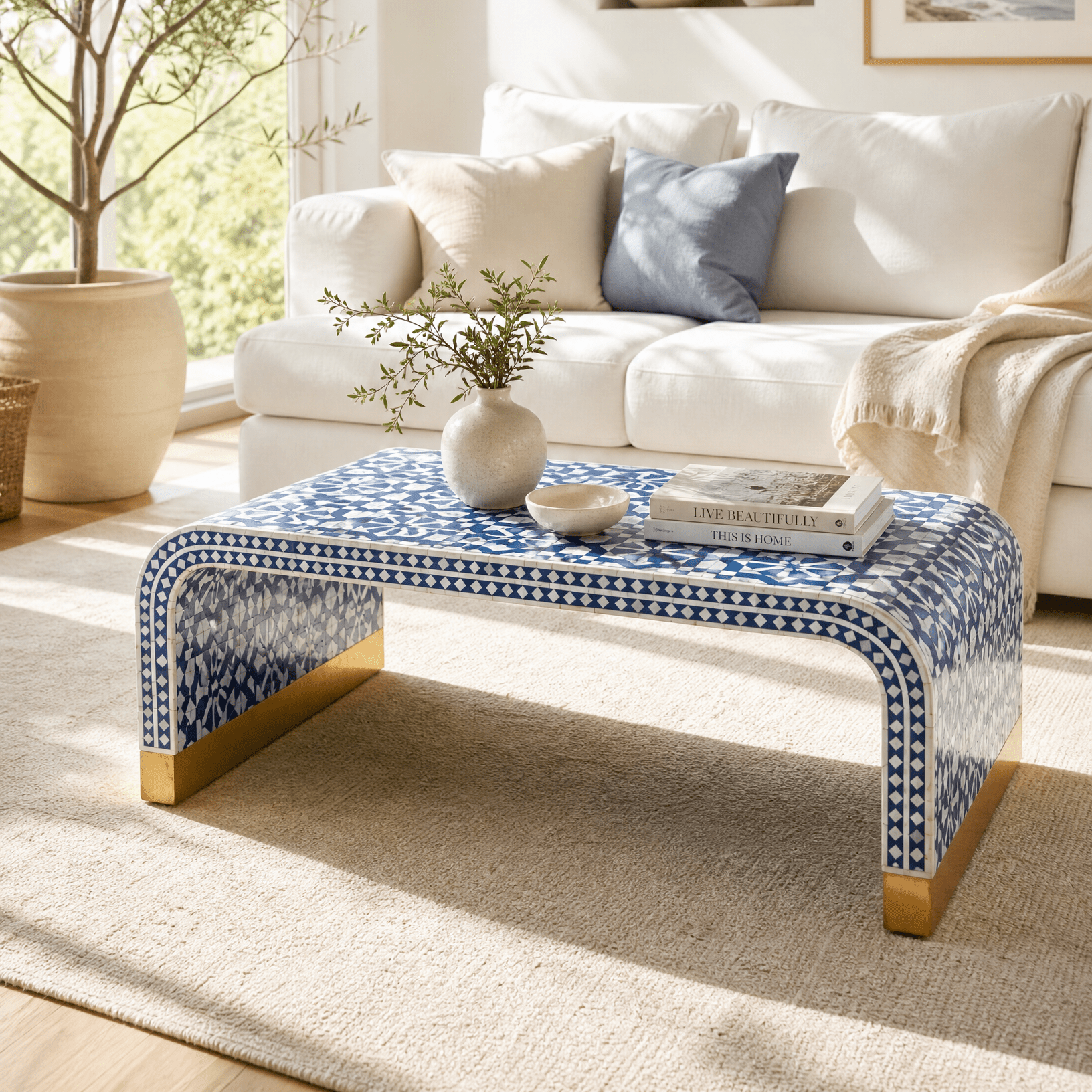 INLAY SQUARE BLUE COFFEE TABLE - Art and craft furniture