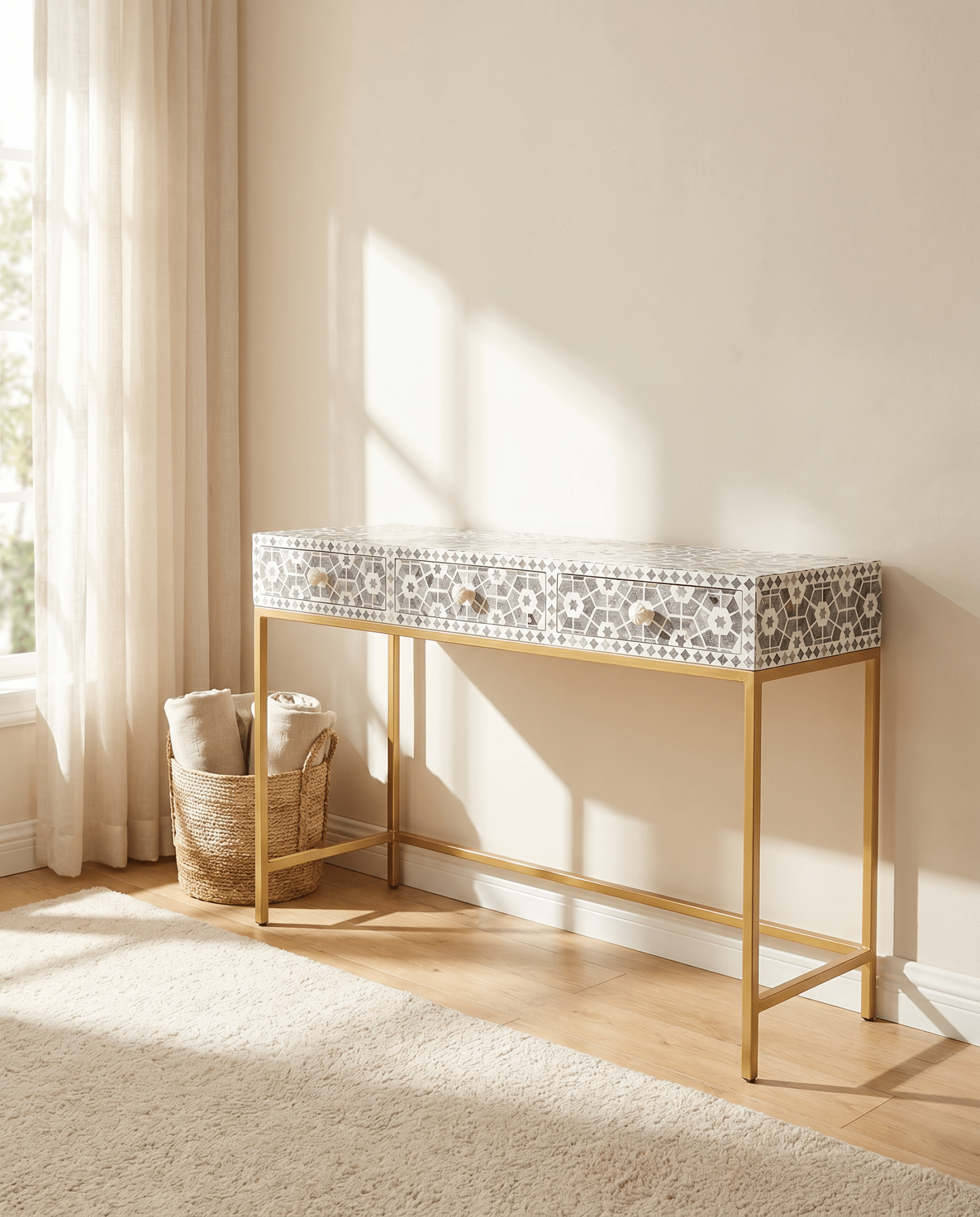 INLAY THREE DRAWER GREY CONSOLE - Art and craft furniture