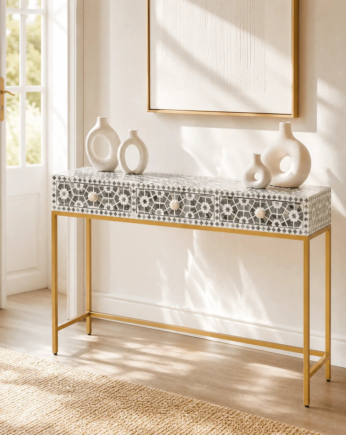 Inlay Three Drawer Light Grey Console - Art and craft furniture