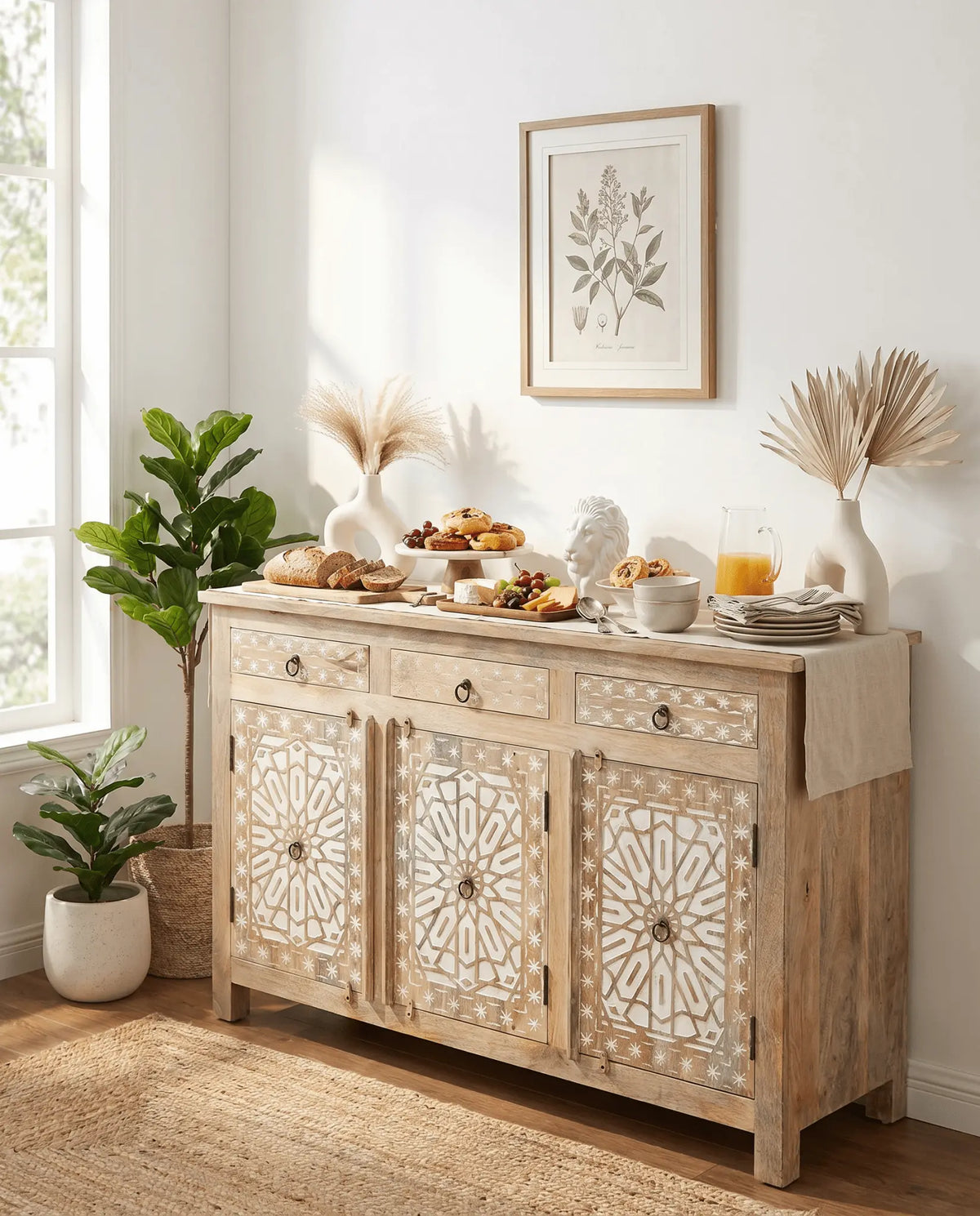 Ivory CNC Design Three Door Three Drawer Sideboard - Art and craft furniture