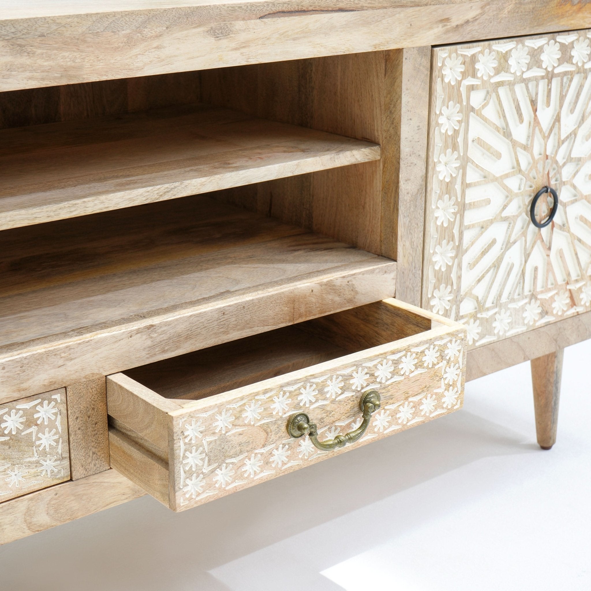 IVORY CNC DESIGN TWO DOOR TWO DRAWER TV STAND - Art and craft furniture