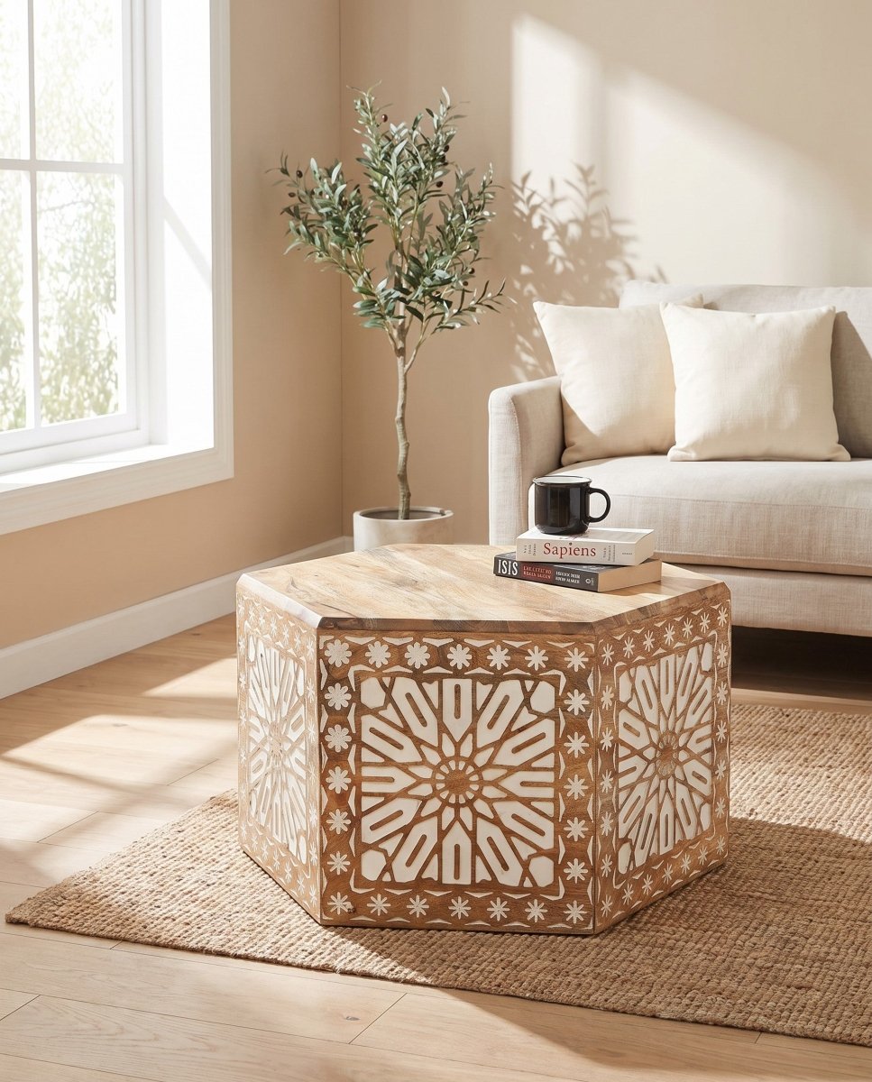 Ivory Hexagon Wooden Coffee Table - Art and craft furniture