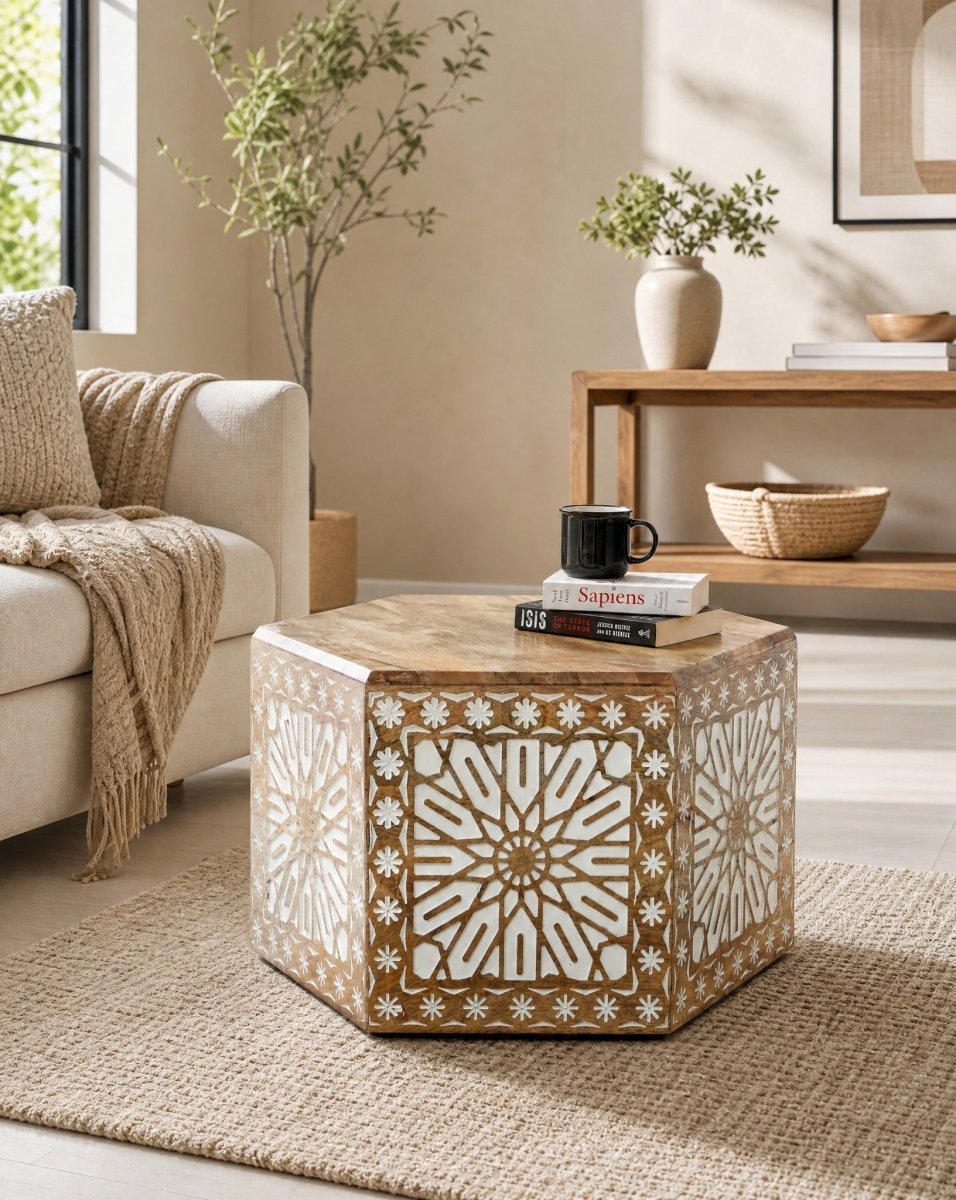 Ivory Hexagon Wooden Coffee Table - Art and craft furniture