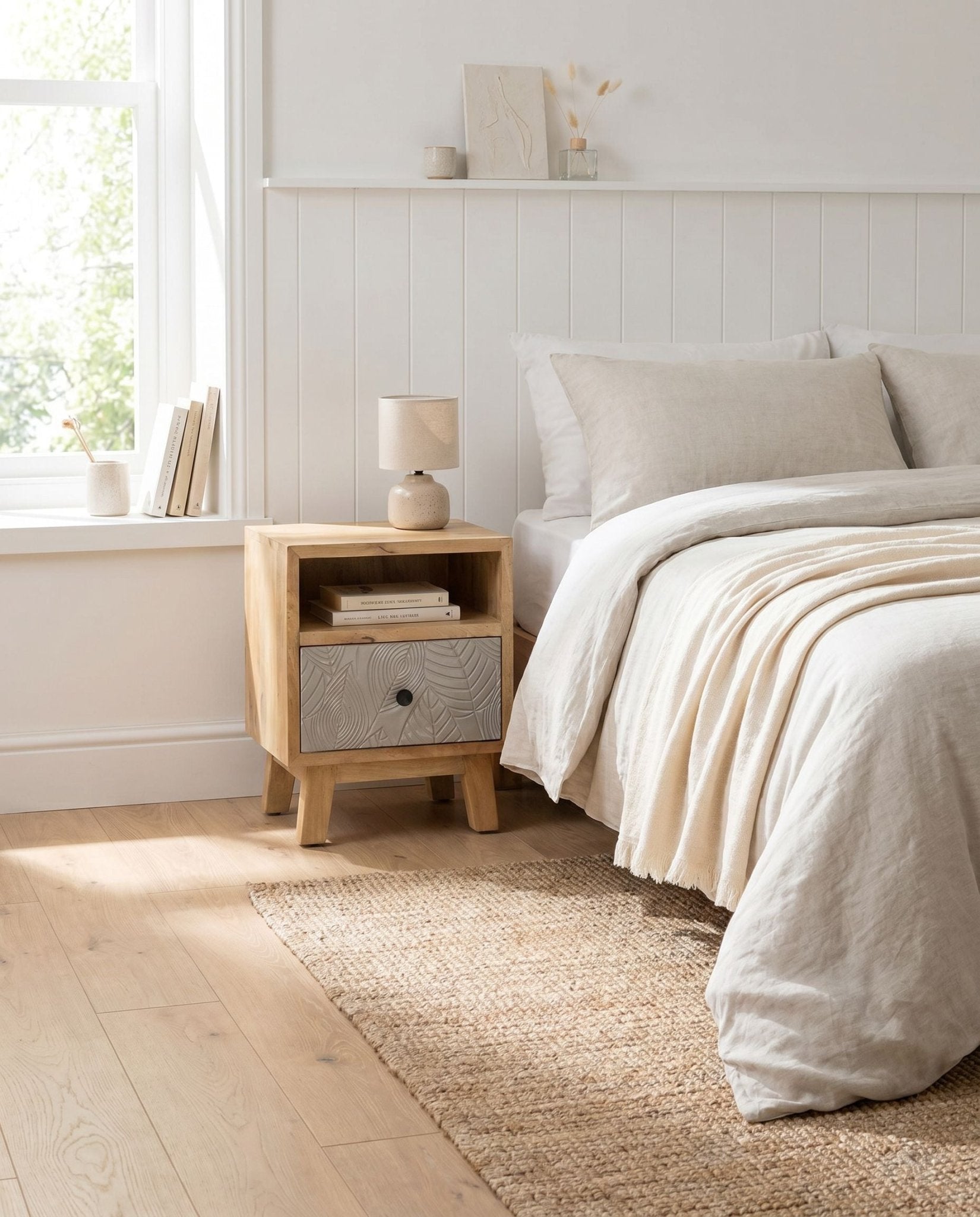 Leaves One Drawer Mango Wood Nightstand - Art and craft furniture