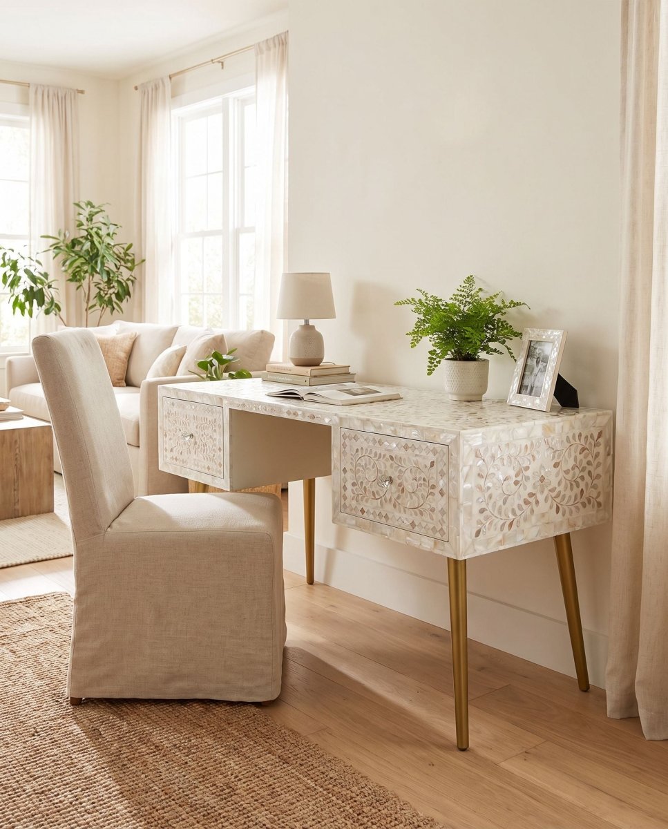 Lumiere White Mother of Pearl Desk Table - Art and craft furniture