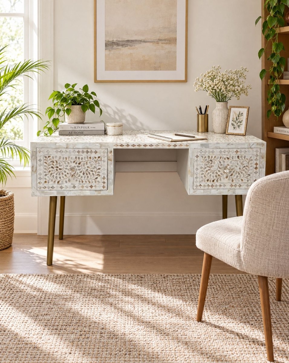 Lumiere White Mother of Pearl Desk Table - Art and craft furniture