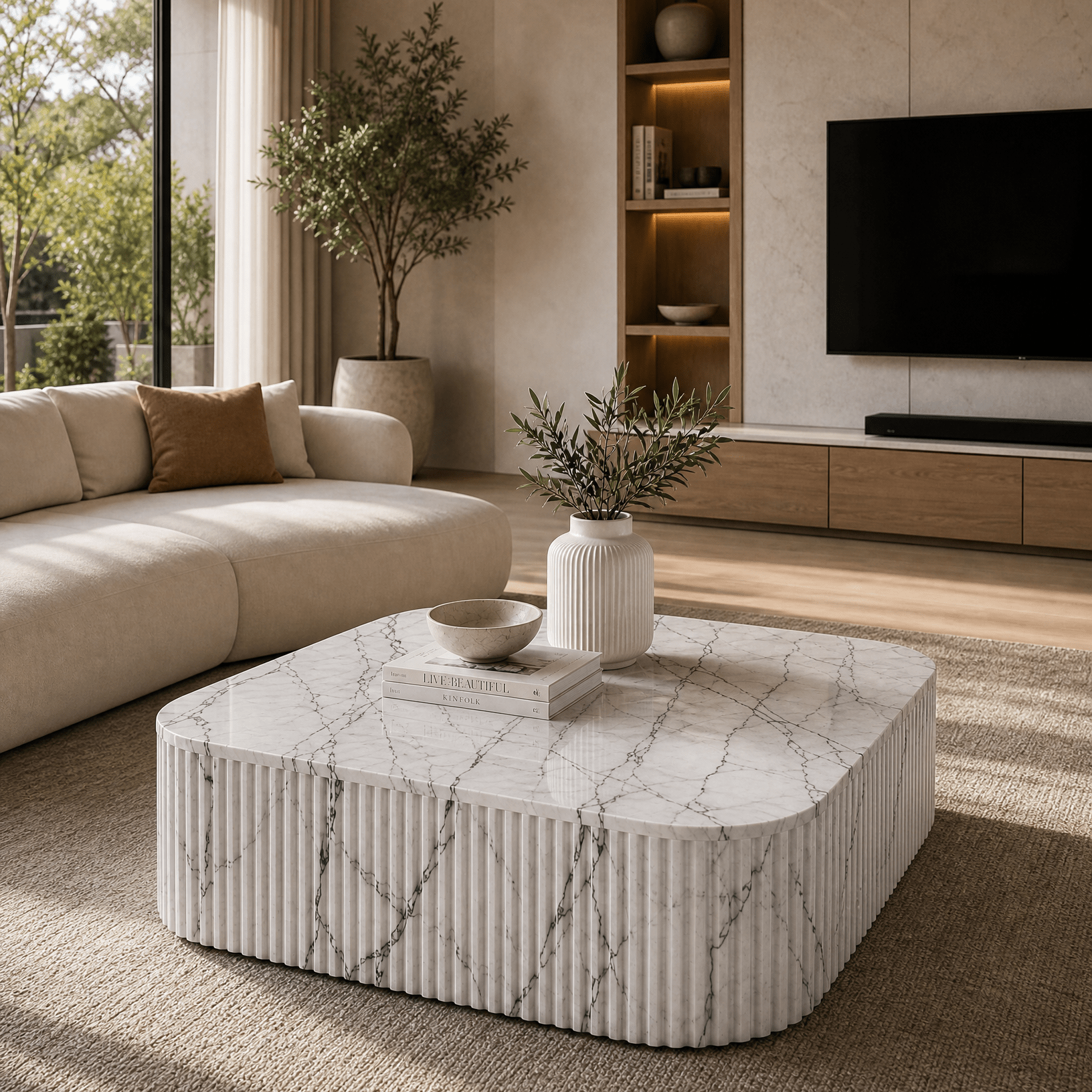 Luxury White Vein Marble Coffee Table – Polished Finish - Art and craft furniture