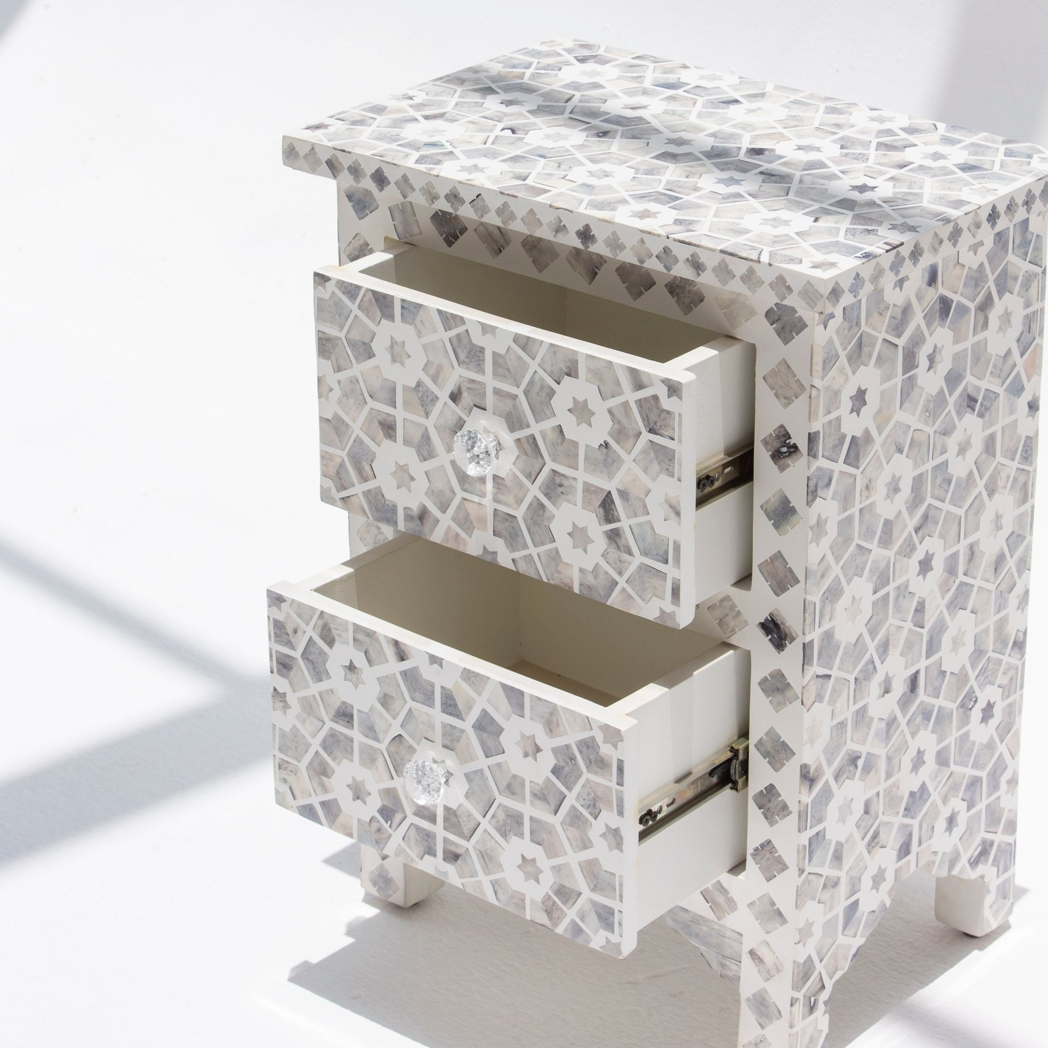 MAJESTIC INLAY TWO DRAWER BEDSIDE TABLE - Art and craft furniture