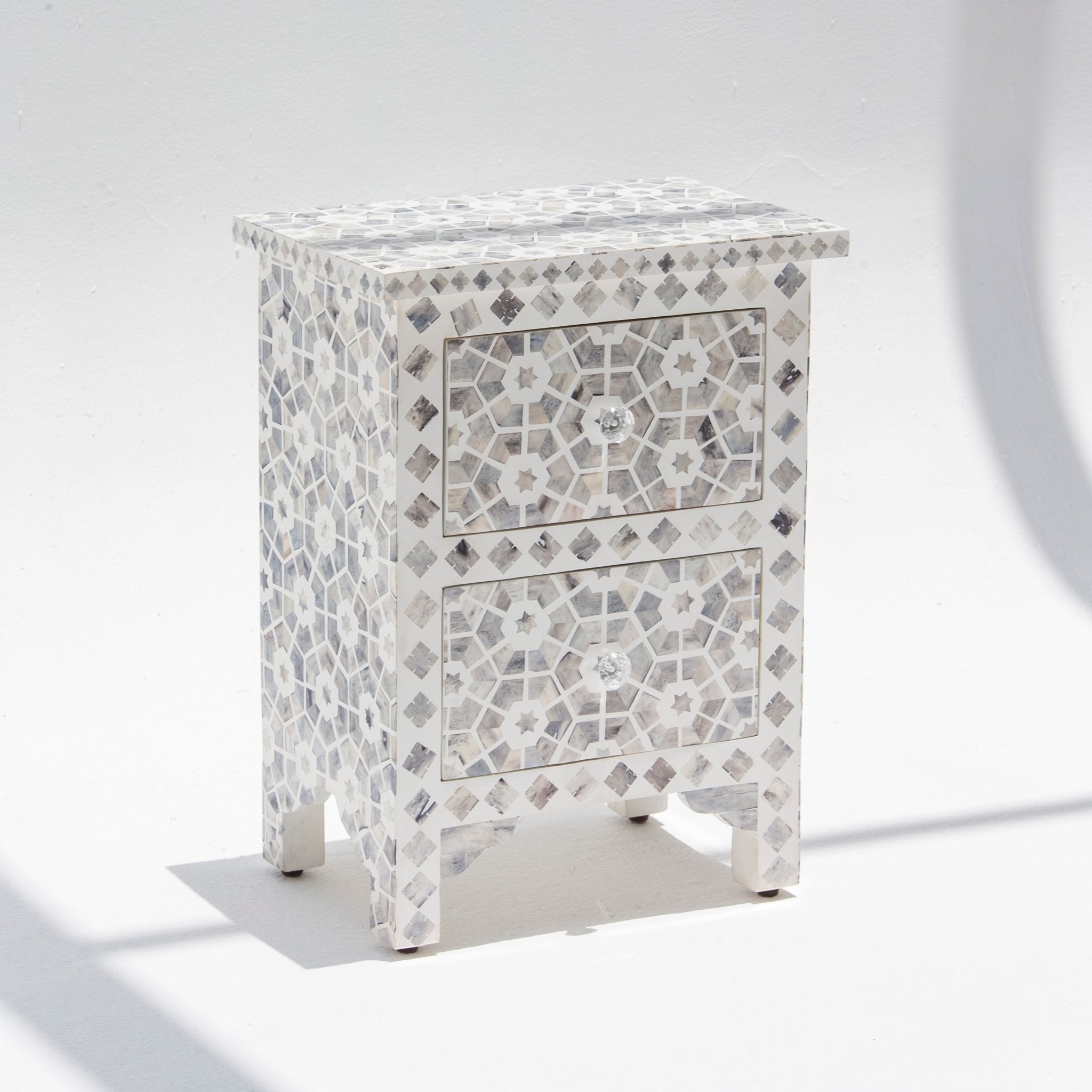 MAJESTIC INLAY TWO DRAWER BEDSIDE TABLE - Art and craft furniture
