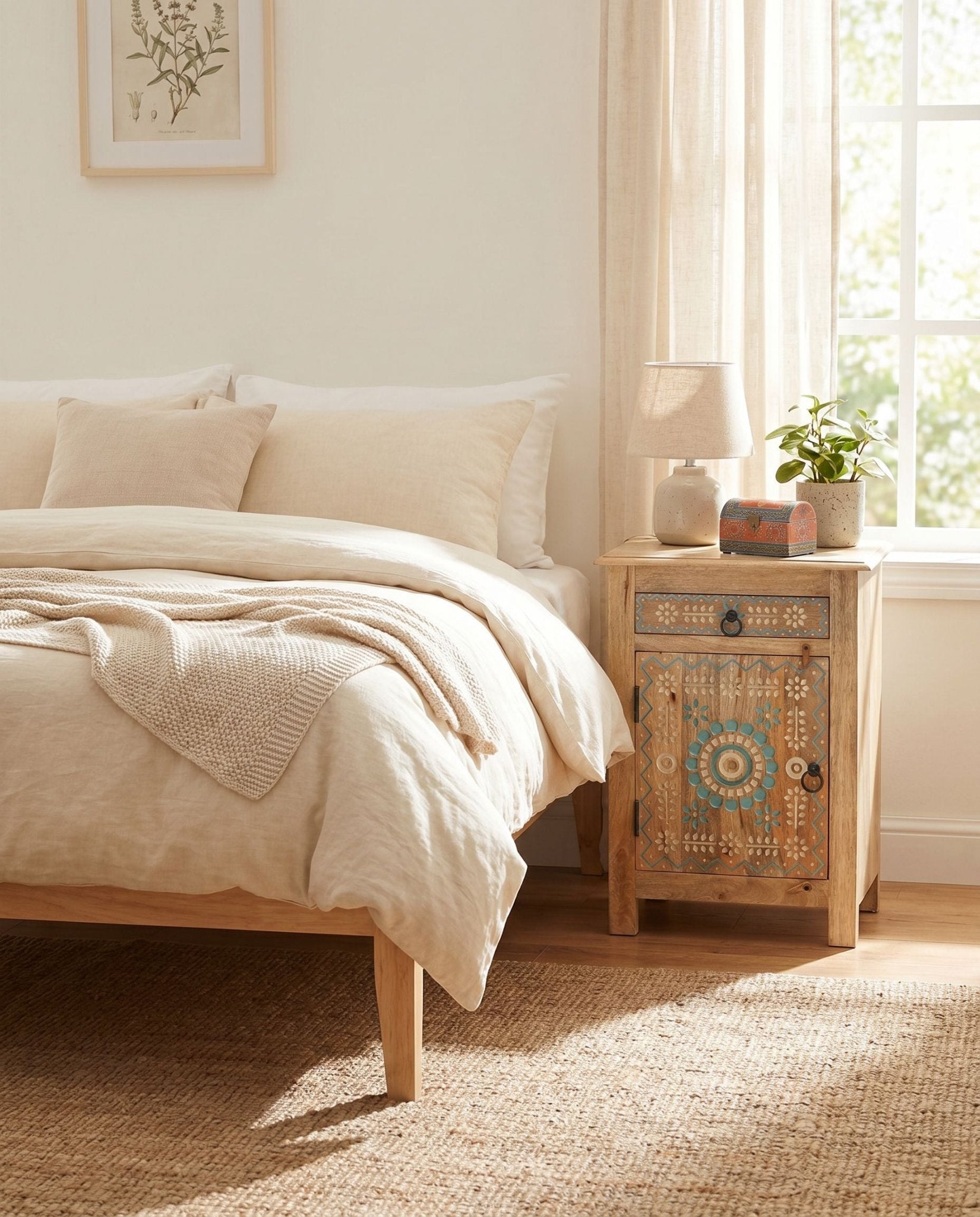 Monarch Carving Mango Wood Bed Side Table - Art and craft furniture