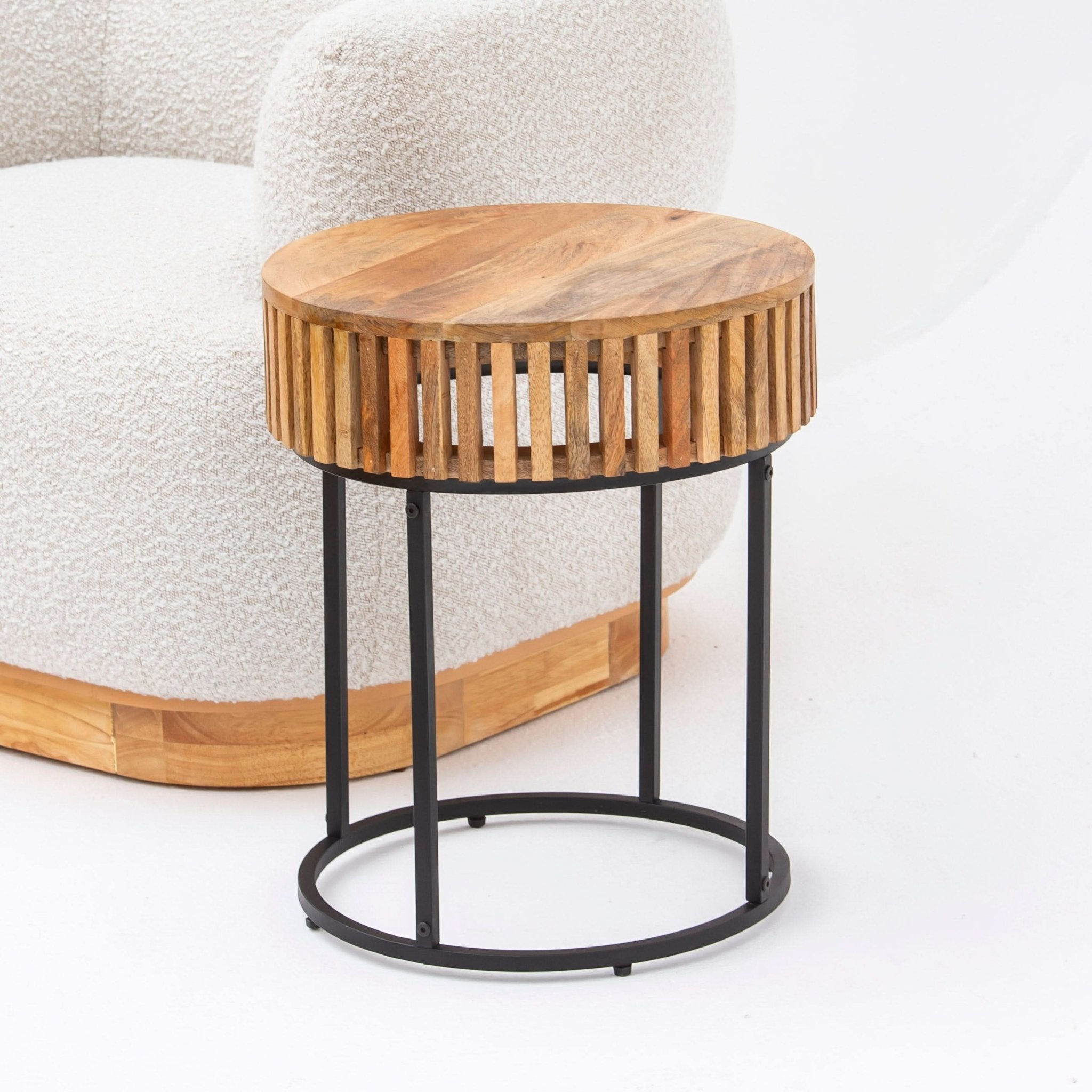 MONTERA WOODEN ROUND SIDETABLE WITH METAL LEGS - Art and craft furniture