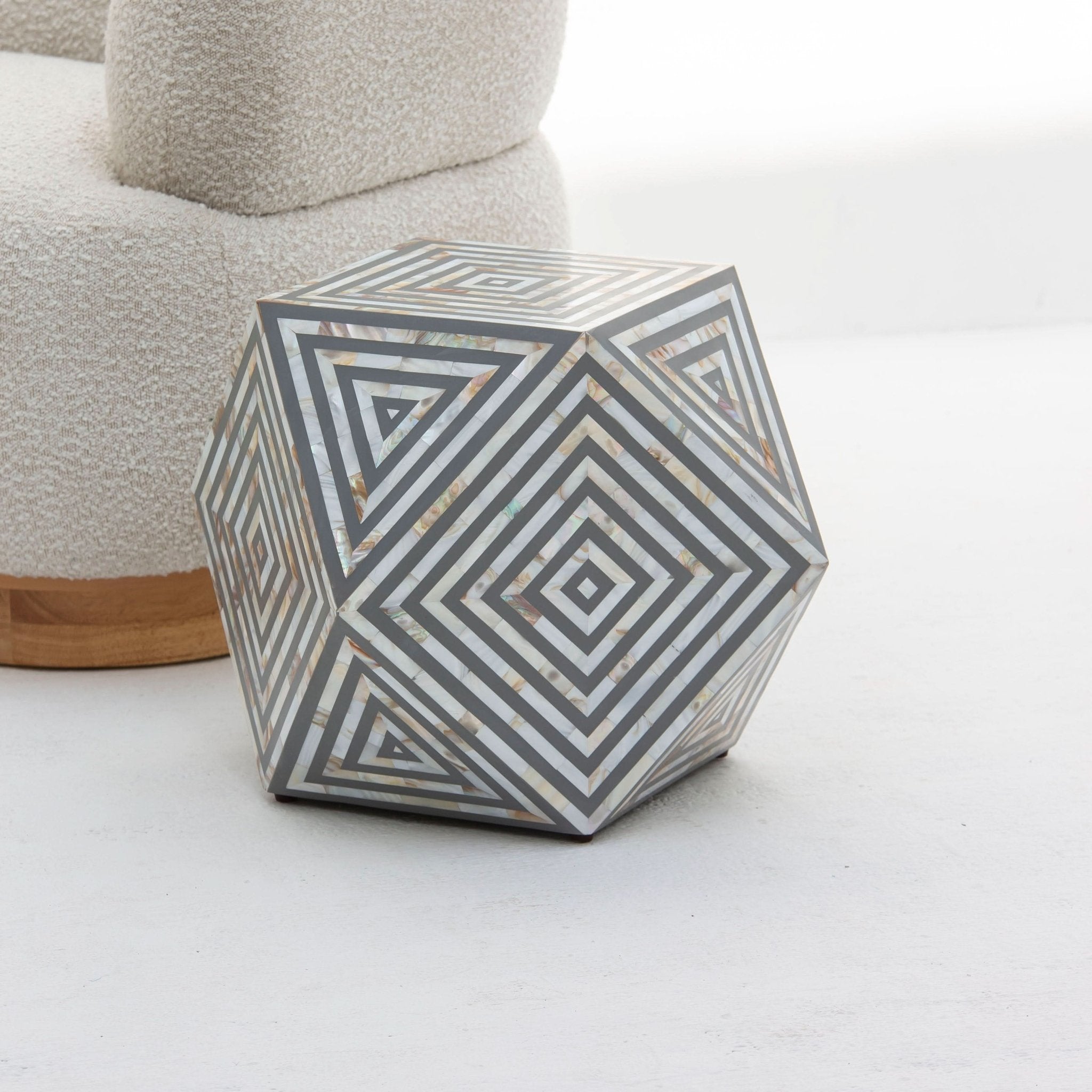 MOONLIT-GREY MOTHER OF PEARL STRIP DIAMOND STOOL - Art and craft furniture