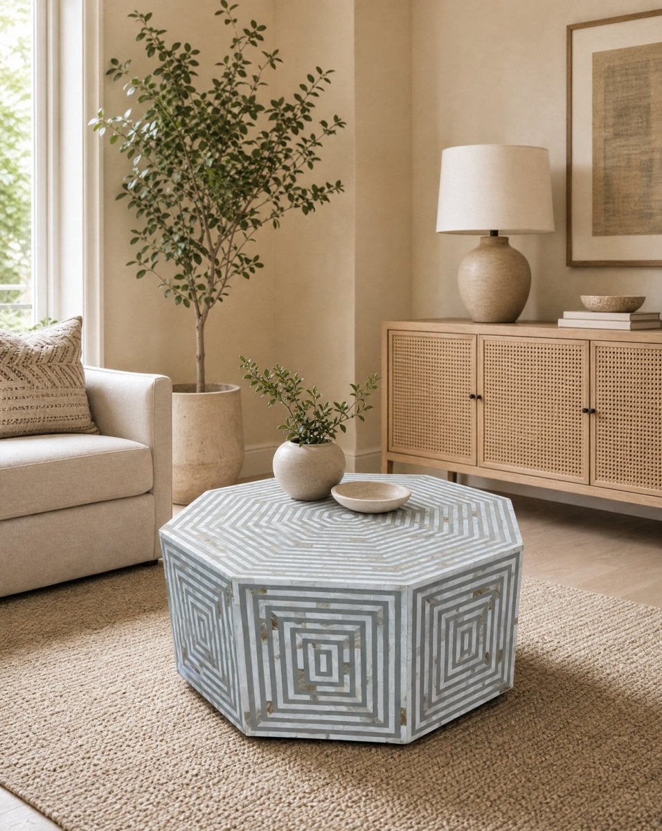 Moonlit Grey Mothers Of Pearl Hexa Coffee Table - Art and craft furniture