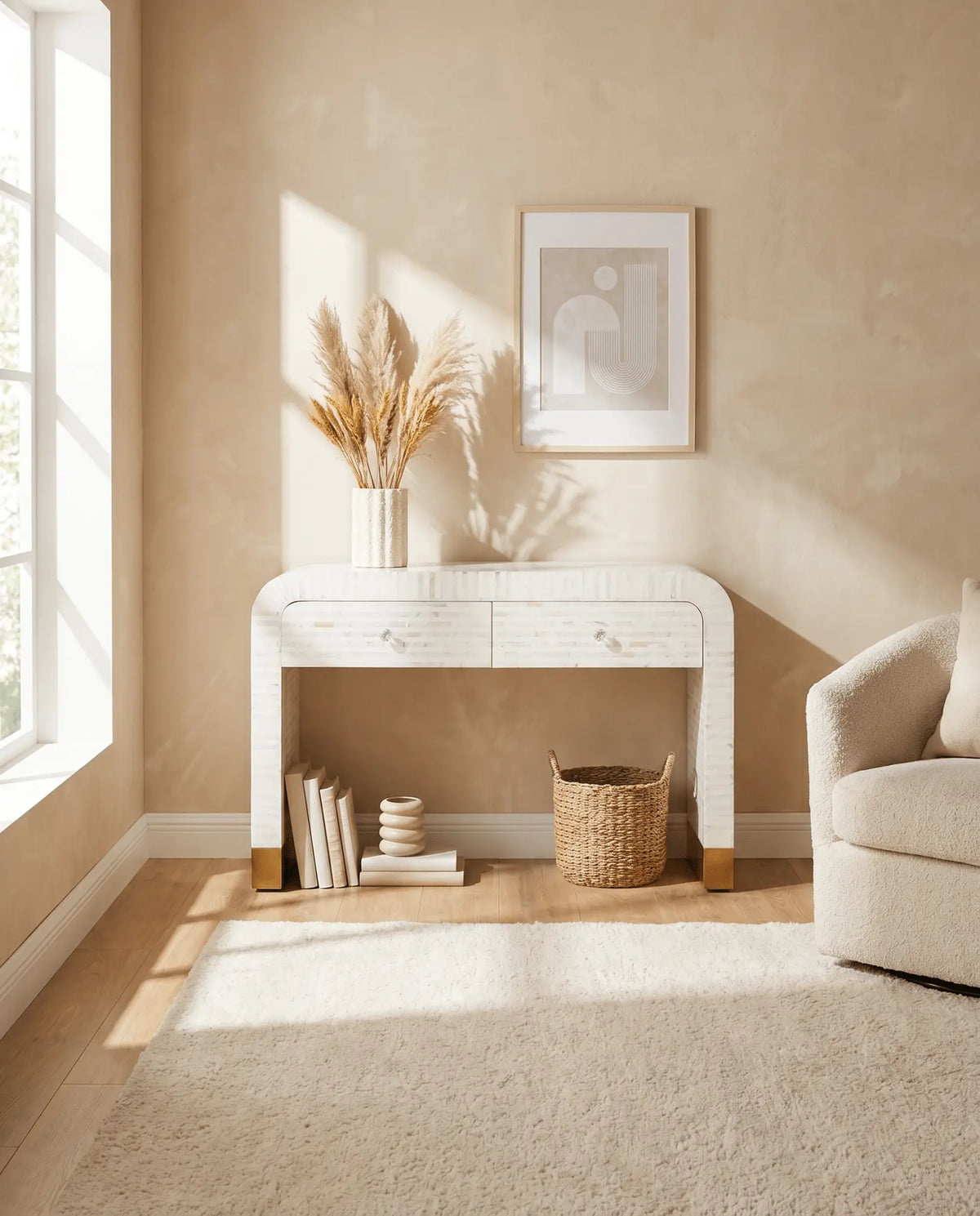 Moonlit White Strip Mother Of Pearl Drawer Console Table - Art and craft furniture