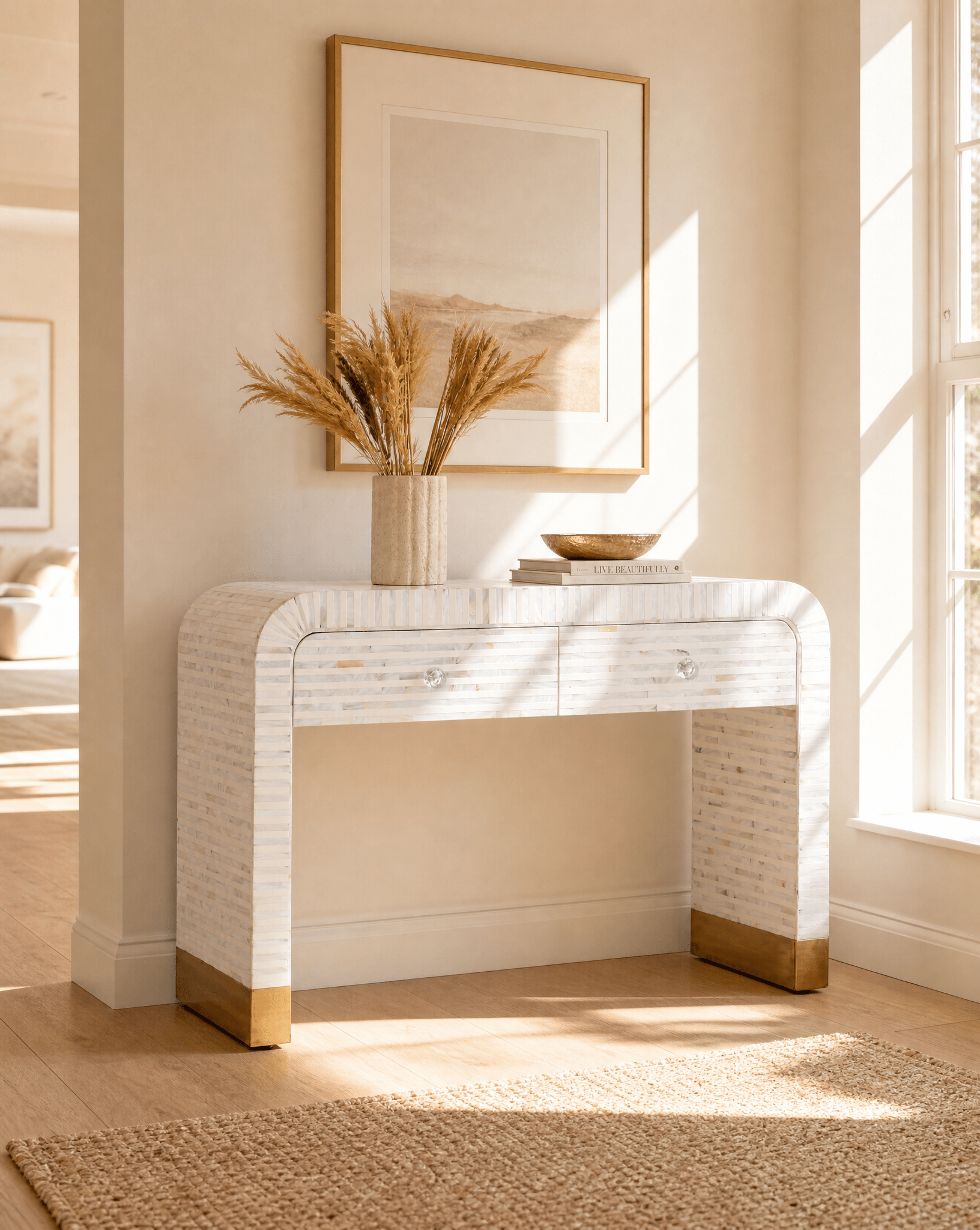 MOONLIT WHITE STRIP MOTHER OF PEARL DRAWER CONSOLE TABLE - Art and craft furniture