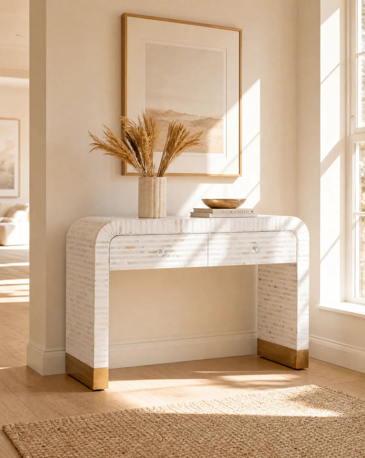 Moonlit White Strip Mother Of Pearl Drawer Console Table - Art and craft furniture