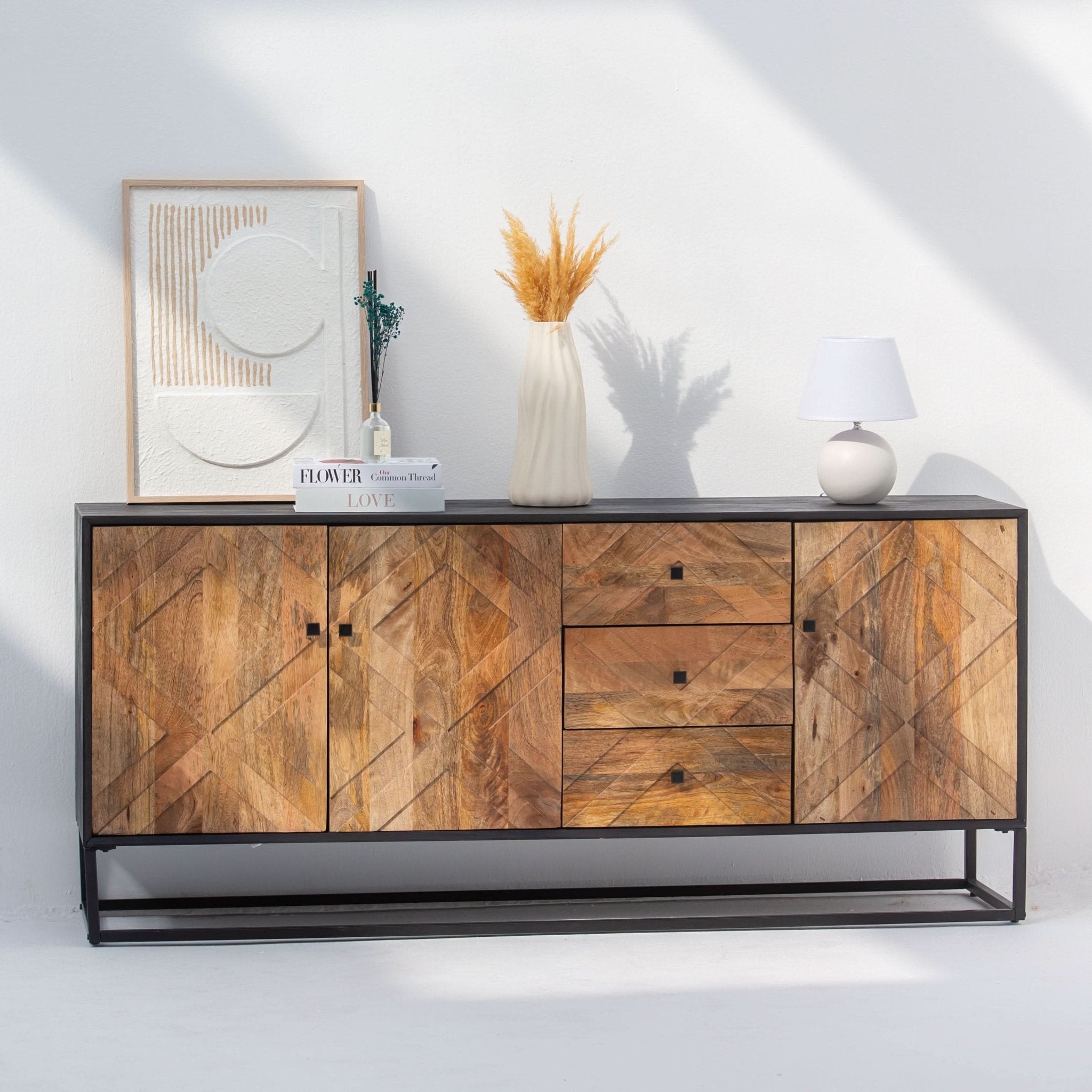 MORO WOODEN THREE DOOR THREE DRAWER SIDEBOARD - Art and craft furniture