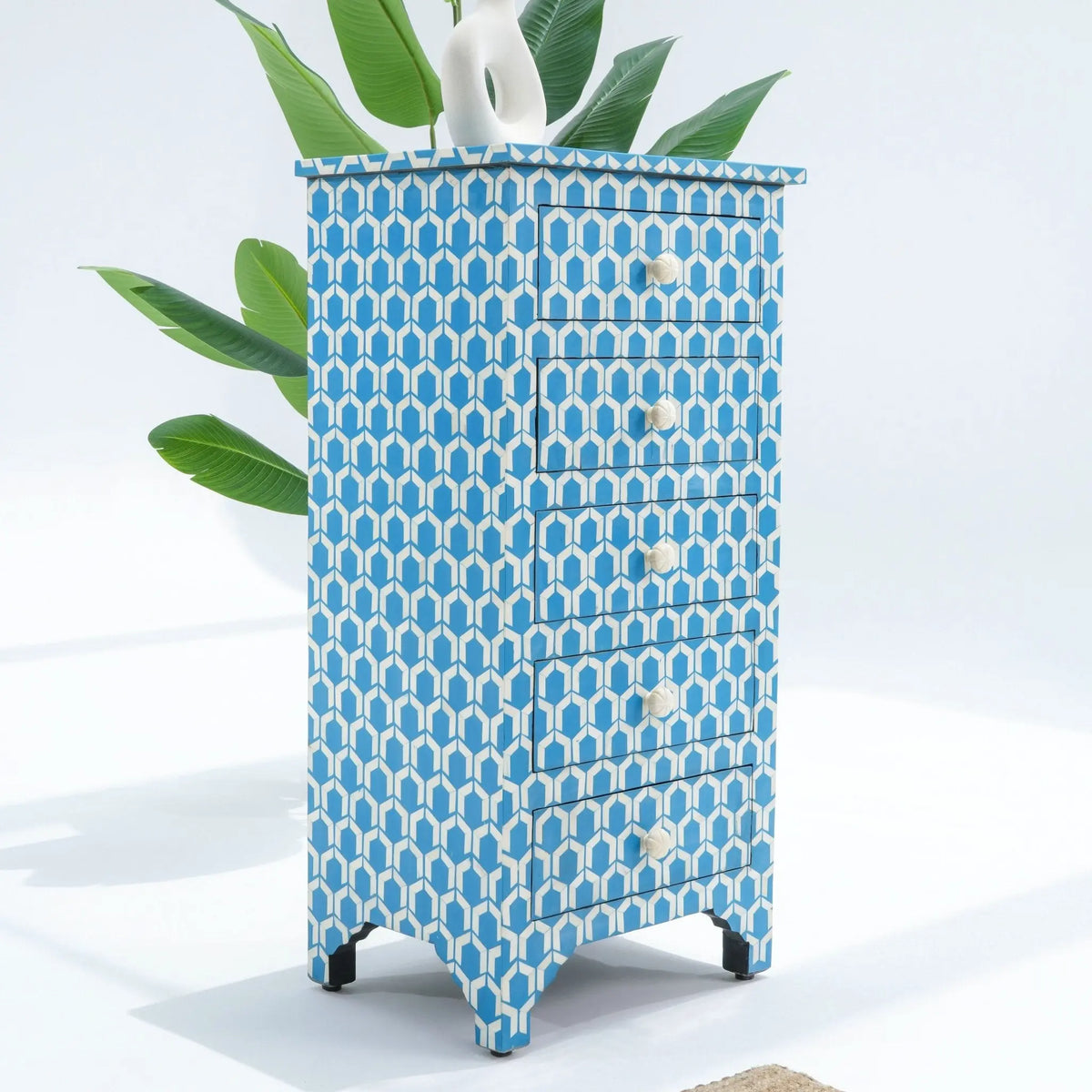 Mosaic Blue Inlay Five Drawer Chest - Art and craft furniture
