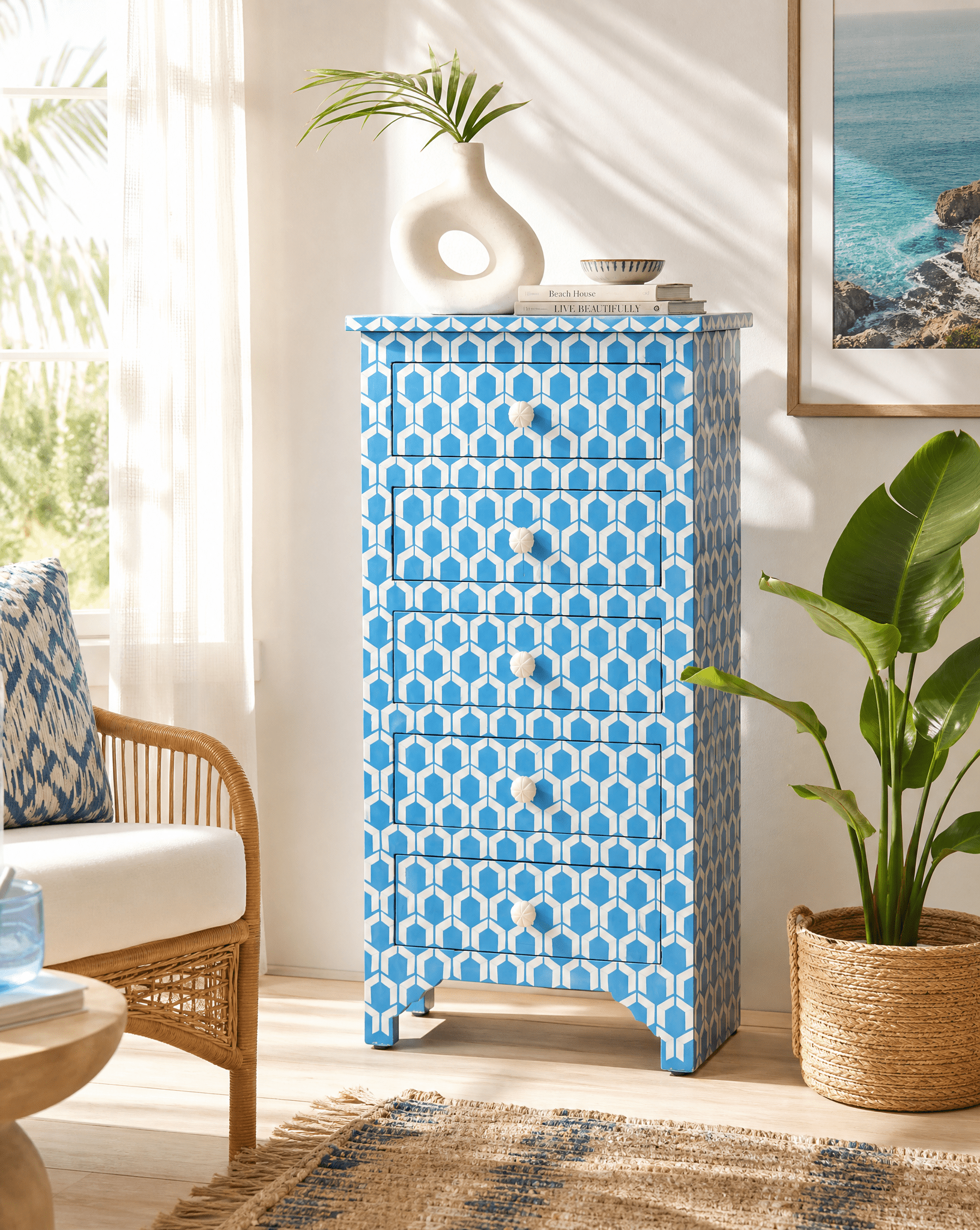 MOSAIC-BLUE INLAY FIVE DRAWER SINGLE DRAWCHEST - Art and craft furniture